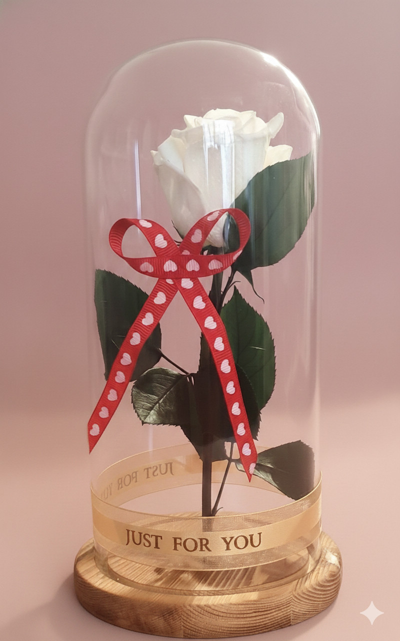 Rose Eternal White Real Flower in Glass Dome Lasts 2-3 Years Valentine’s Day Gif