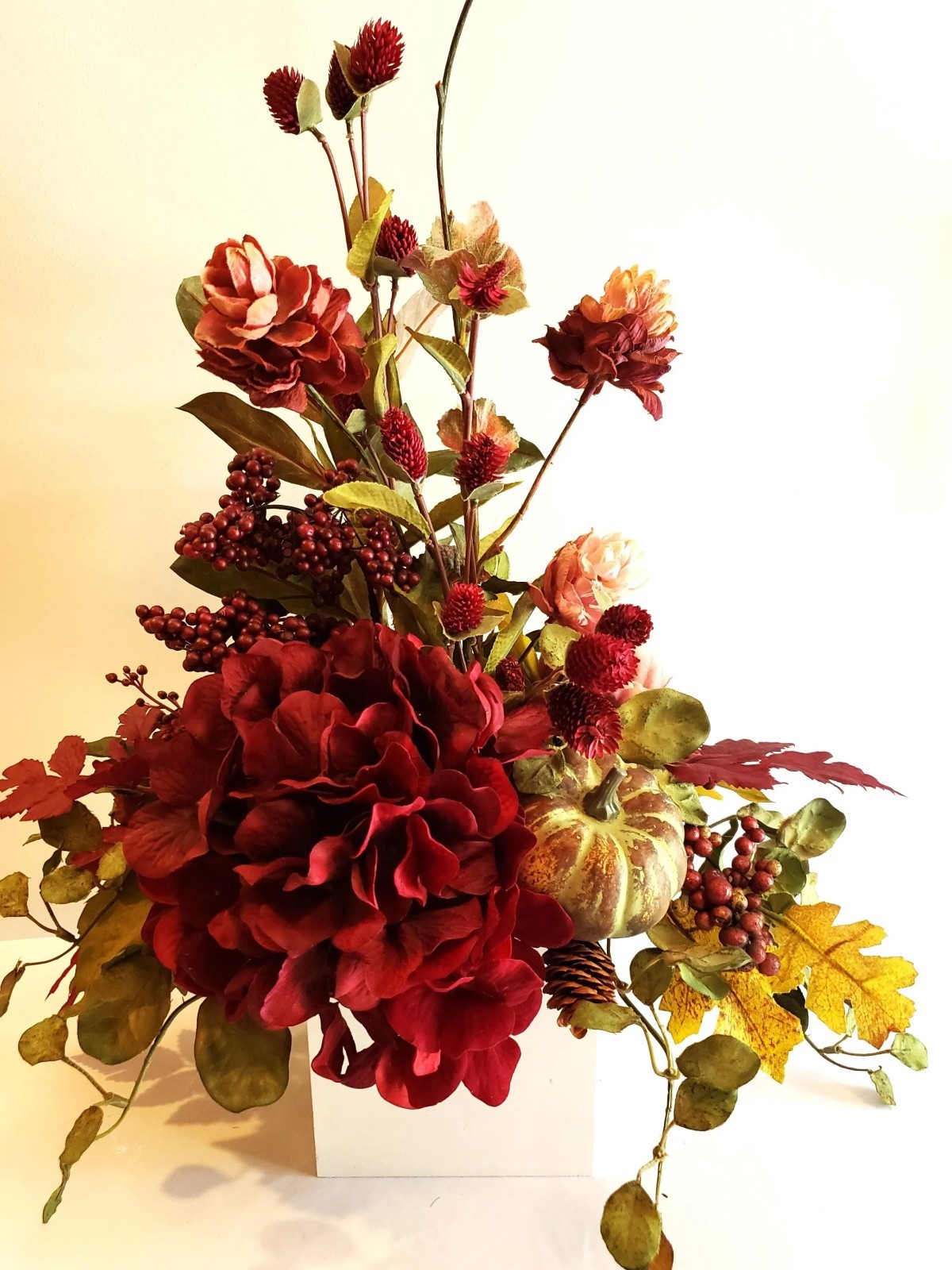 Fall Floral Arrangement, Burgundy Red Hydrangea Pumpkin Decor