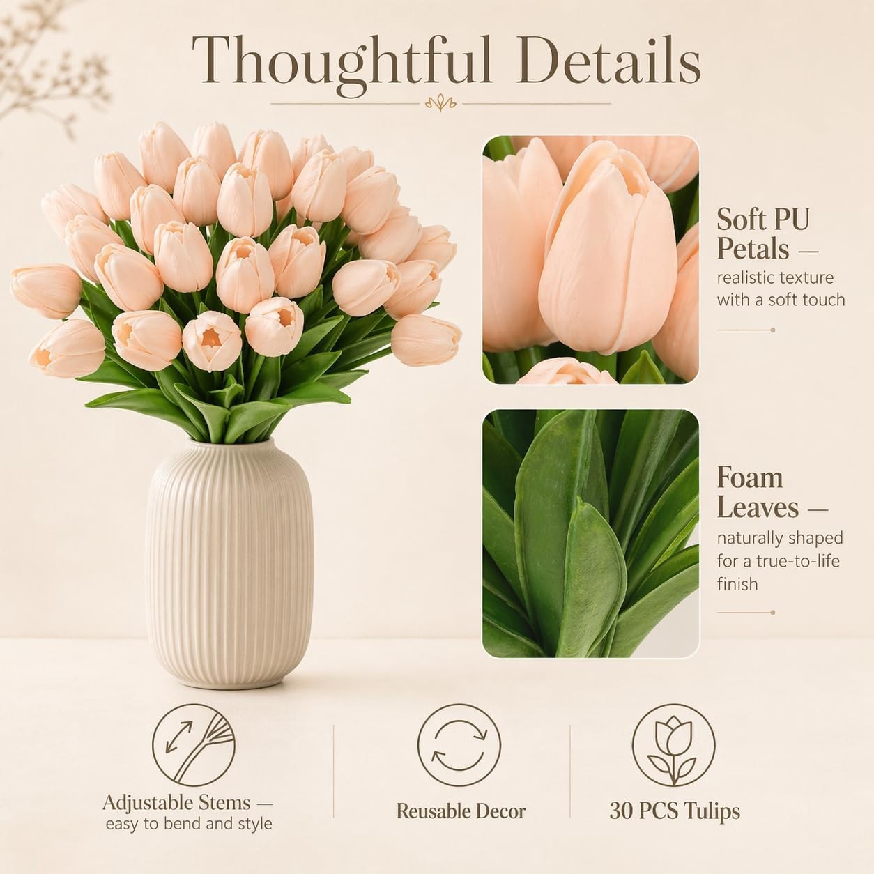 30 PCS Light Pink Artificial Fake PU Tulips 13.7 Inch Real Touch Floral