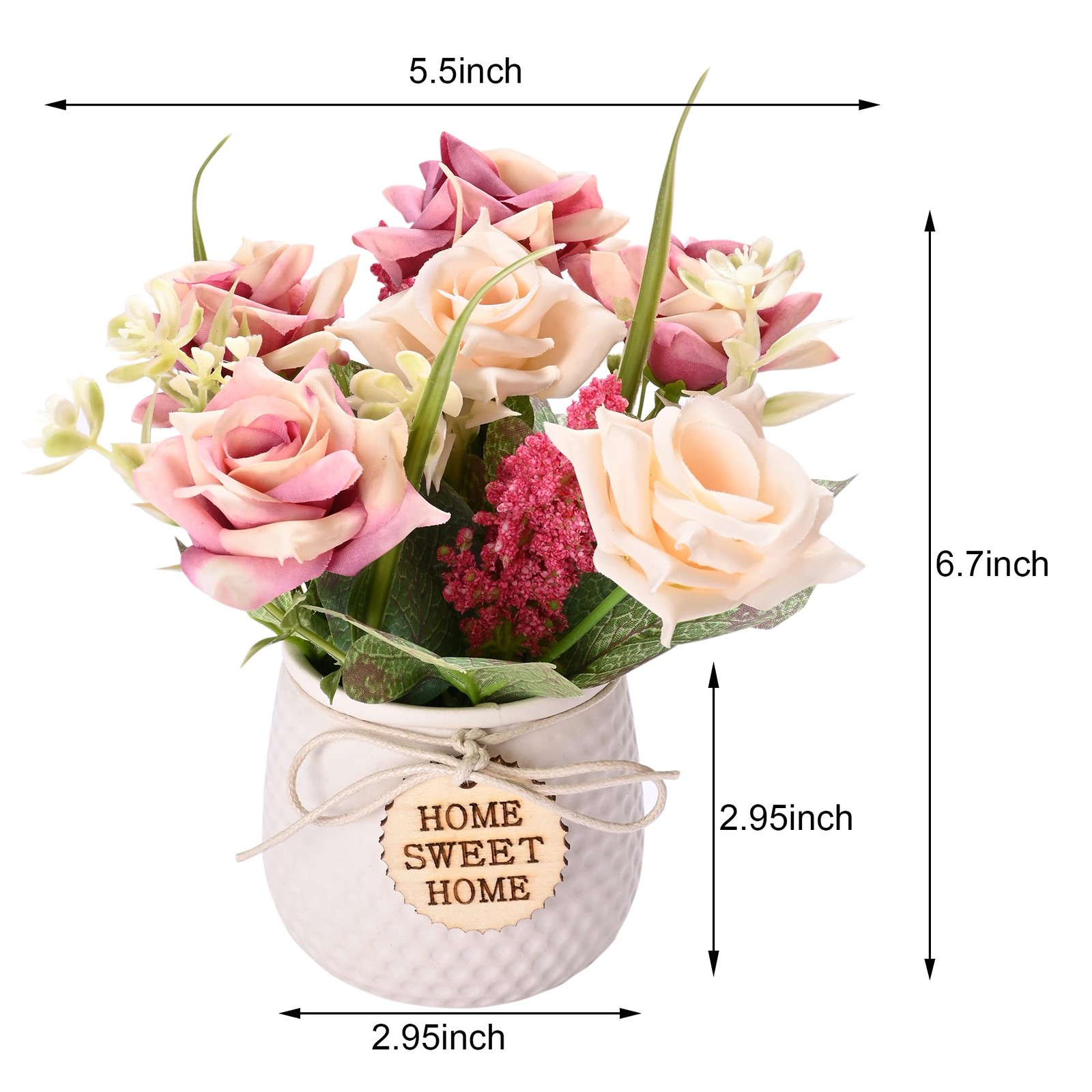 Artificial Flowers with Vase, 2pcs Pink Silk Roses in Pot, Fake Roses Bouquet De
