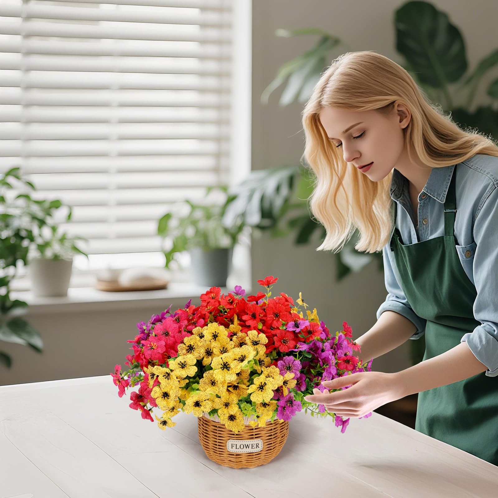 2-Pack Artificial Potted Mums with Rattan Baskets for Table Decor