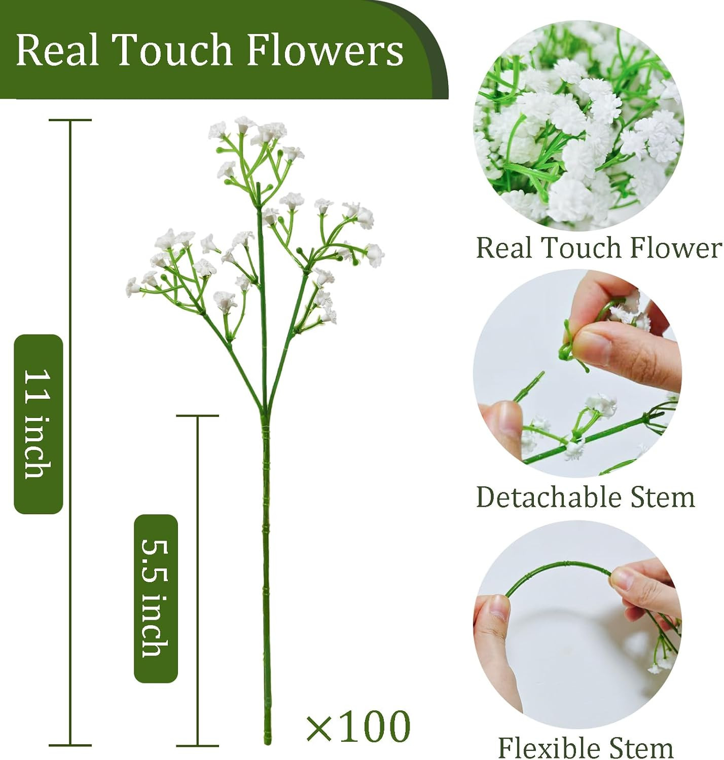 100Pcs Artificial Babys Breath Flowers – Real Touch White Decor for Weddings