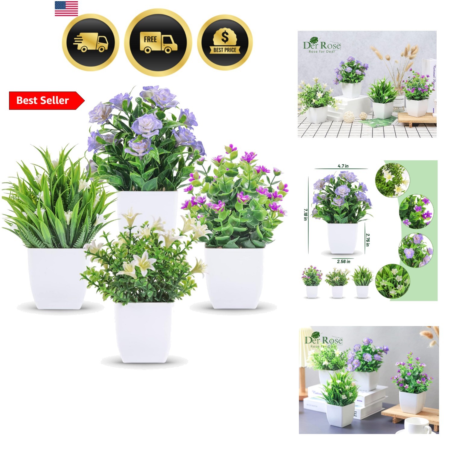 4 Pack Small Fake Plants Mini Artificial Faux Plants Indoor with Flowers Spri…