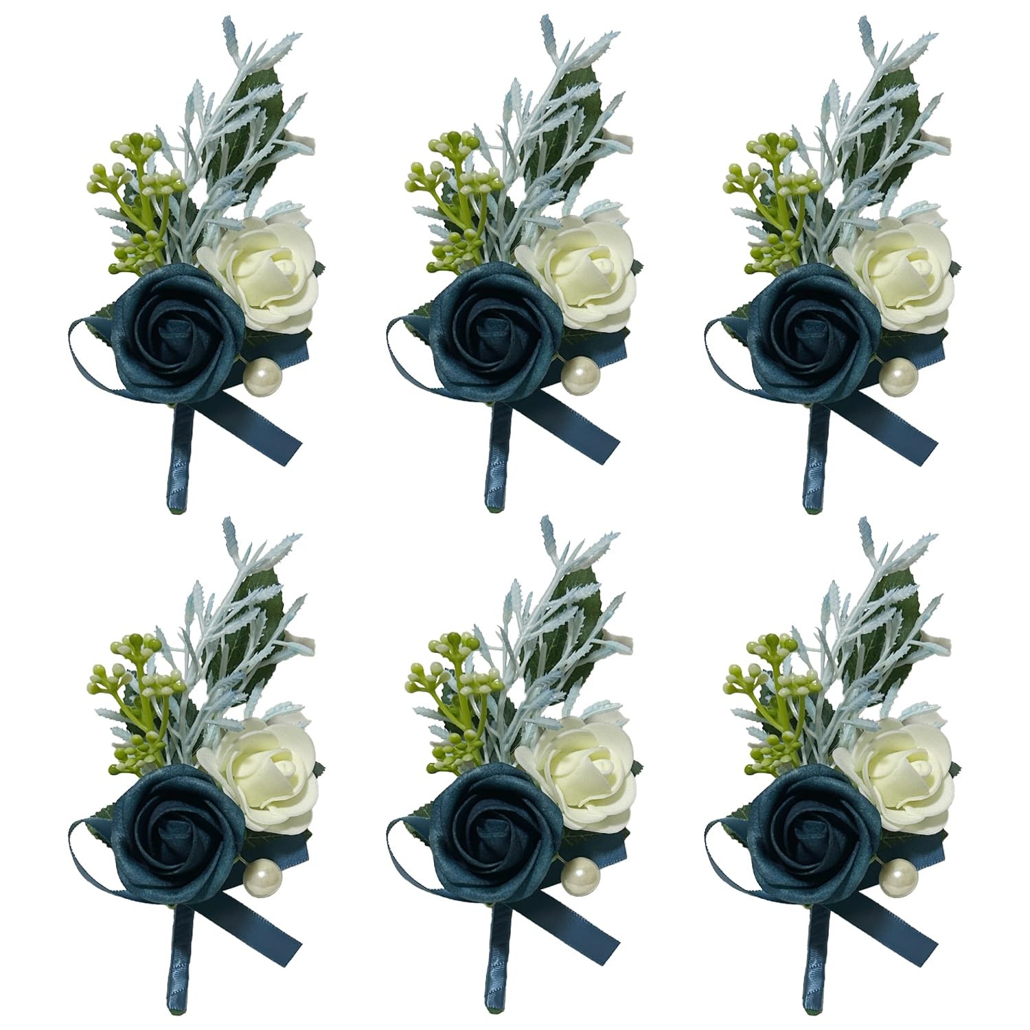 6 PCS Navy Blue Boutonniere for Men Groomsmen Guest Artificial Flowers
