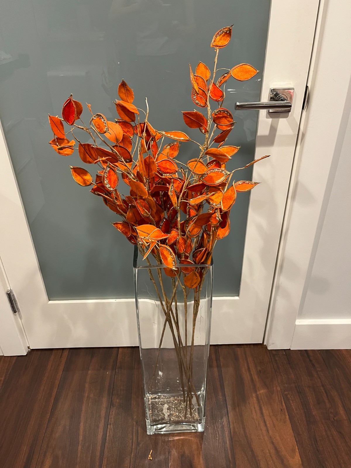 Orange Velvet Leaves with Gold Trim & Sequins – Approx. 32” Faux Floral Stems