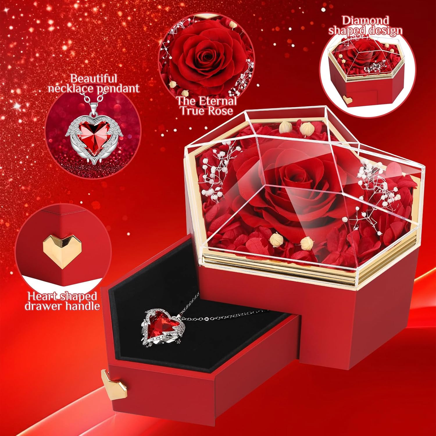 Preserved Red Rose with Necklace Diamond Box Valentines Gift for Her Women