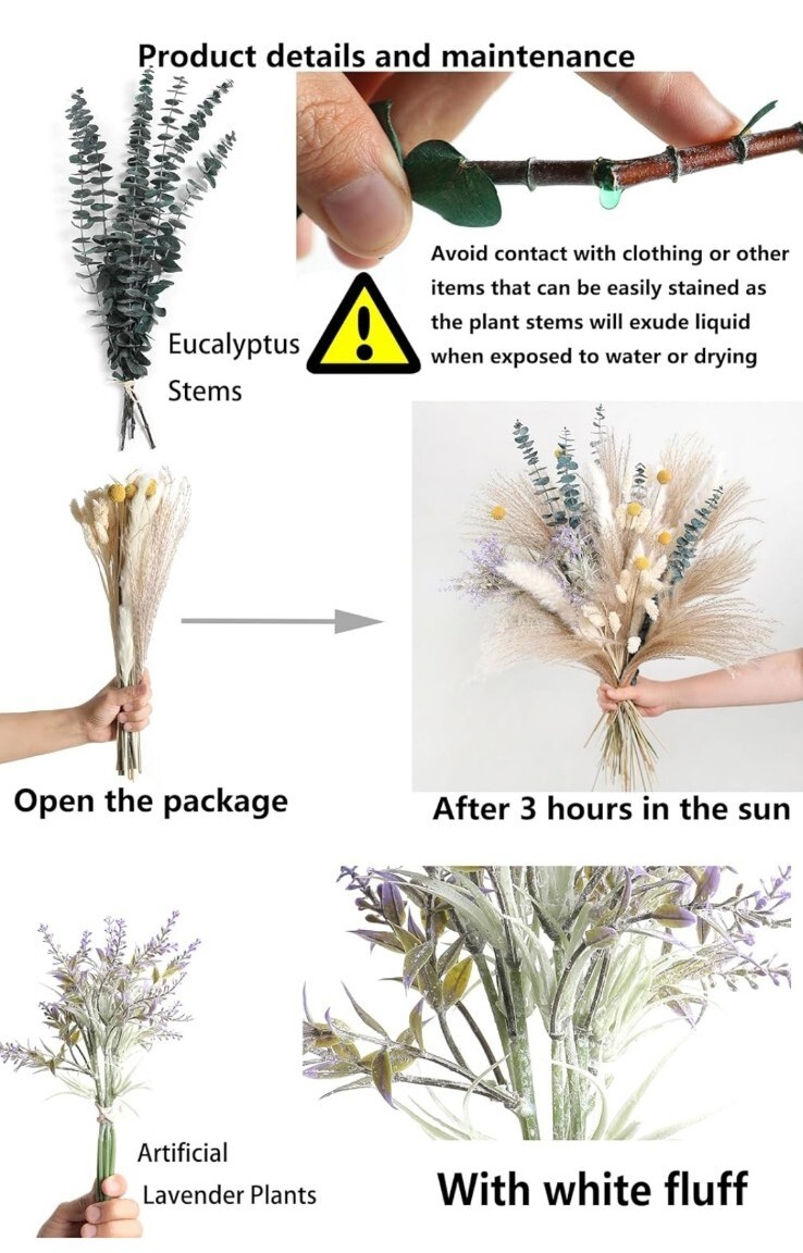 Natural Dried Pampas Eucalyptus Rabbit Tail Grass,(Pack of Natural，green，white
