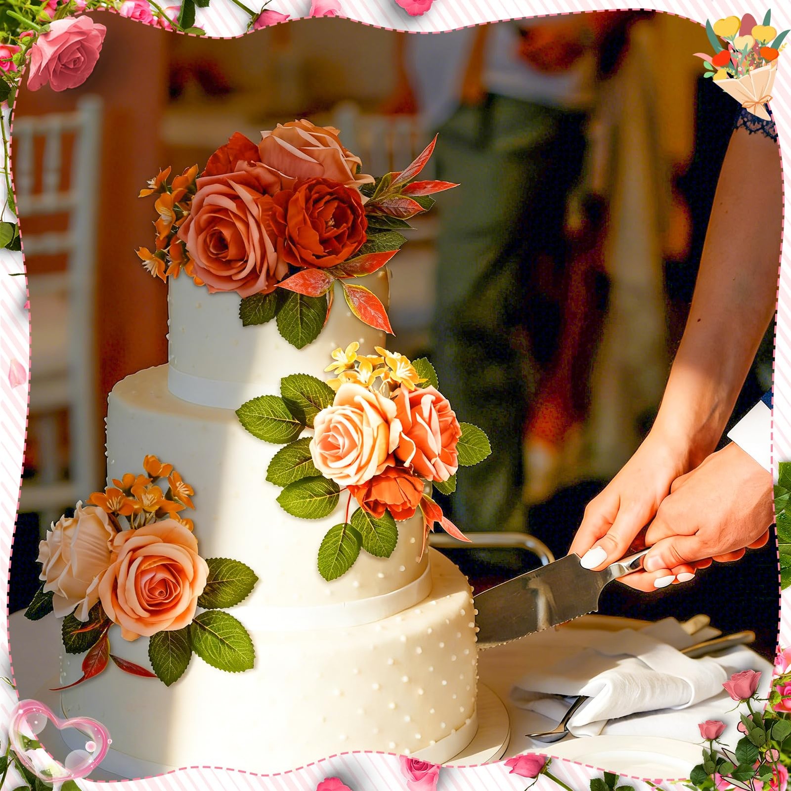 3 PCS Wedding Cake Topper Flowers PreMade Artificial Rose Decorations Party