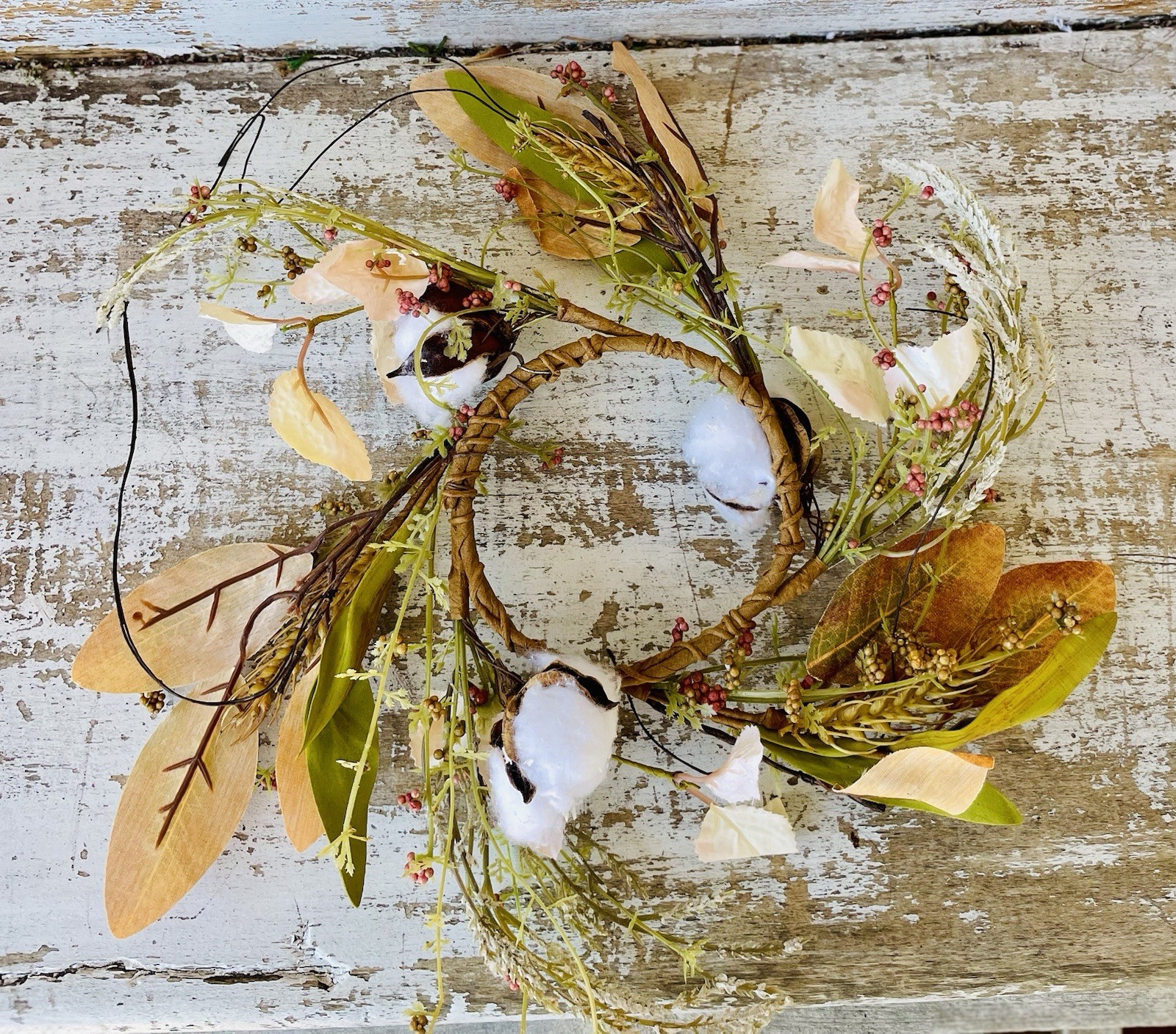 Cotton & Leaves Ring Fall Centerpiece Farmhouse Decor