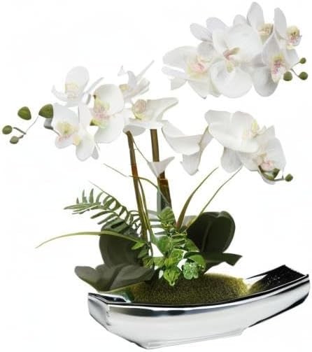 Artificial Flowers 15″ White Orchid Flower Phalaenopsis Orchid in Silver Boat Sh