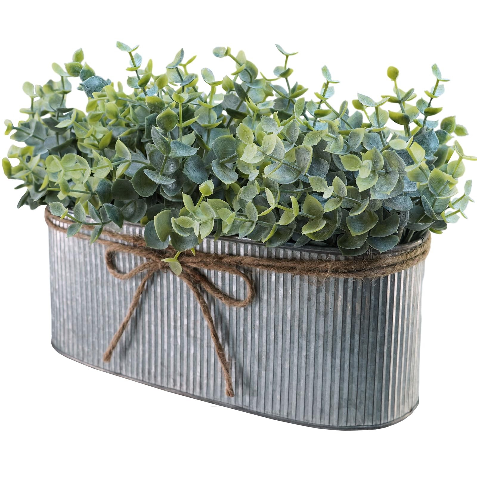 Artificial Eucalyptus Arrangement in Rustic Oval Galvanized Metal Planter Box…