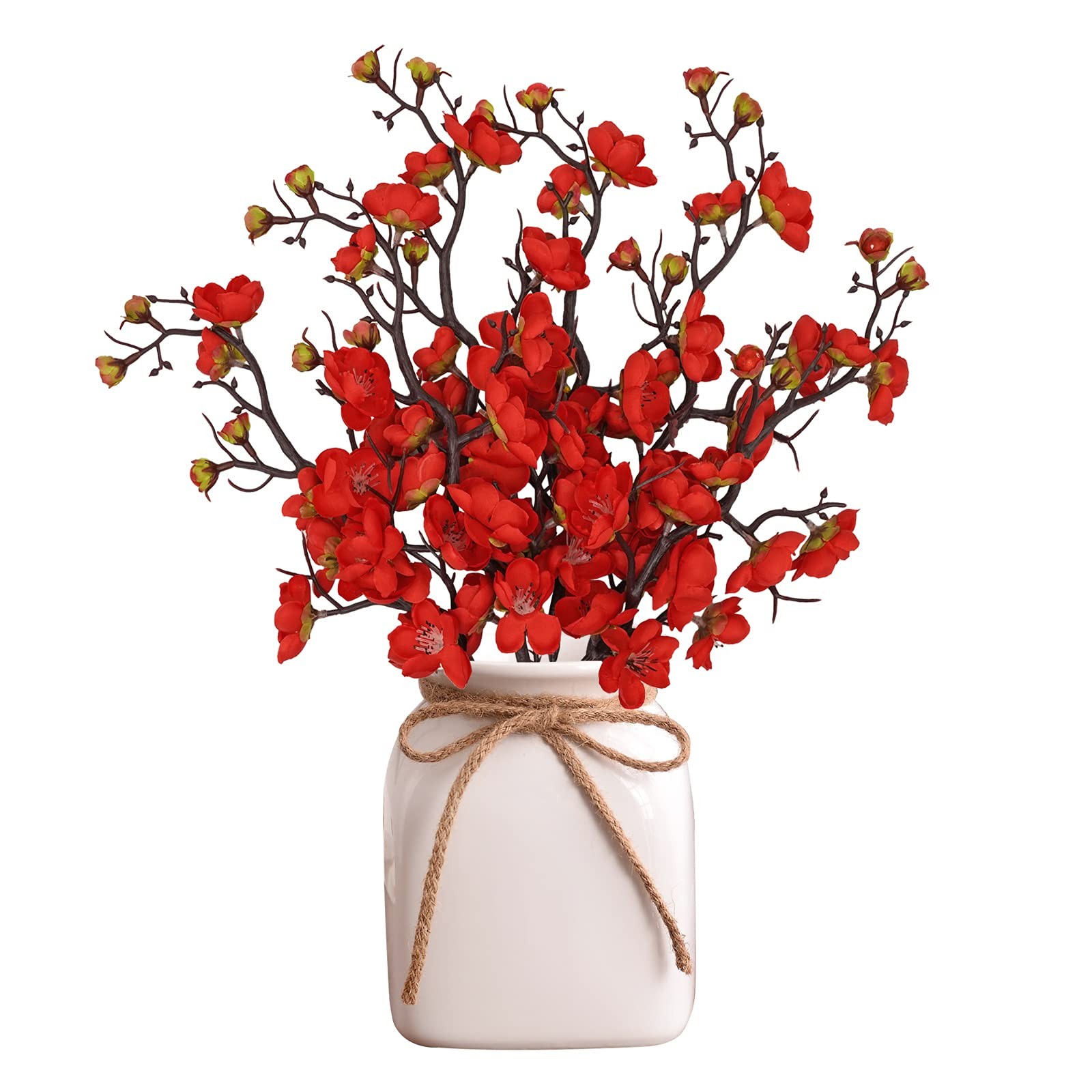 6 PCS Artificial Red Plum Blossom Faux Flowers Fake Plastic Silk Decor