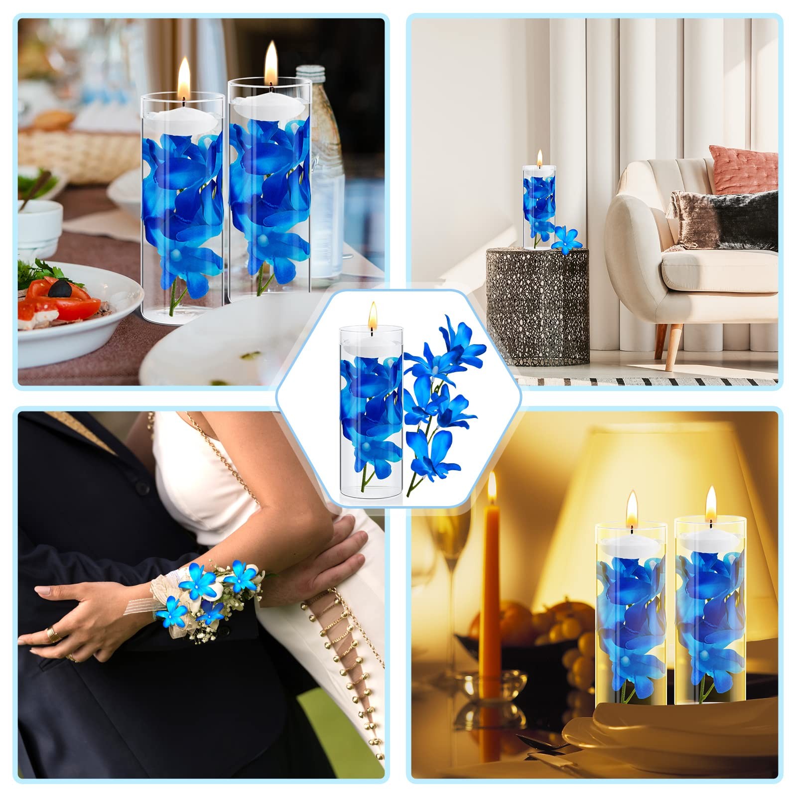 16 Pieces Orchid Faux Flowers Floating Candles Centerpiece Wedding Table Cent