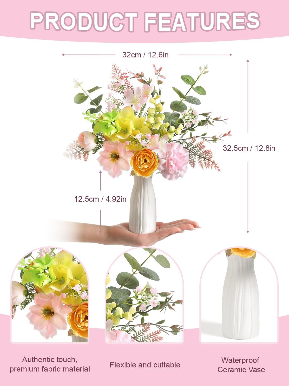 Small 11.8″ Artificial Flowers in Ceramic Vase – Yellow Pink Silk Flower Cent…
