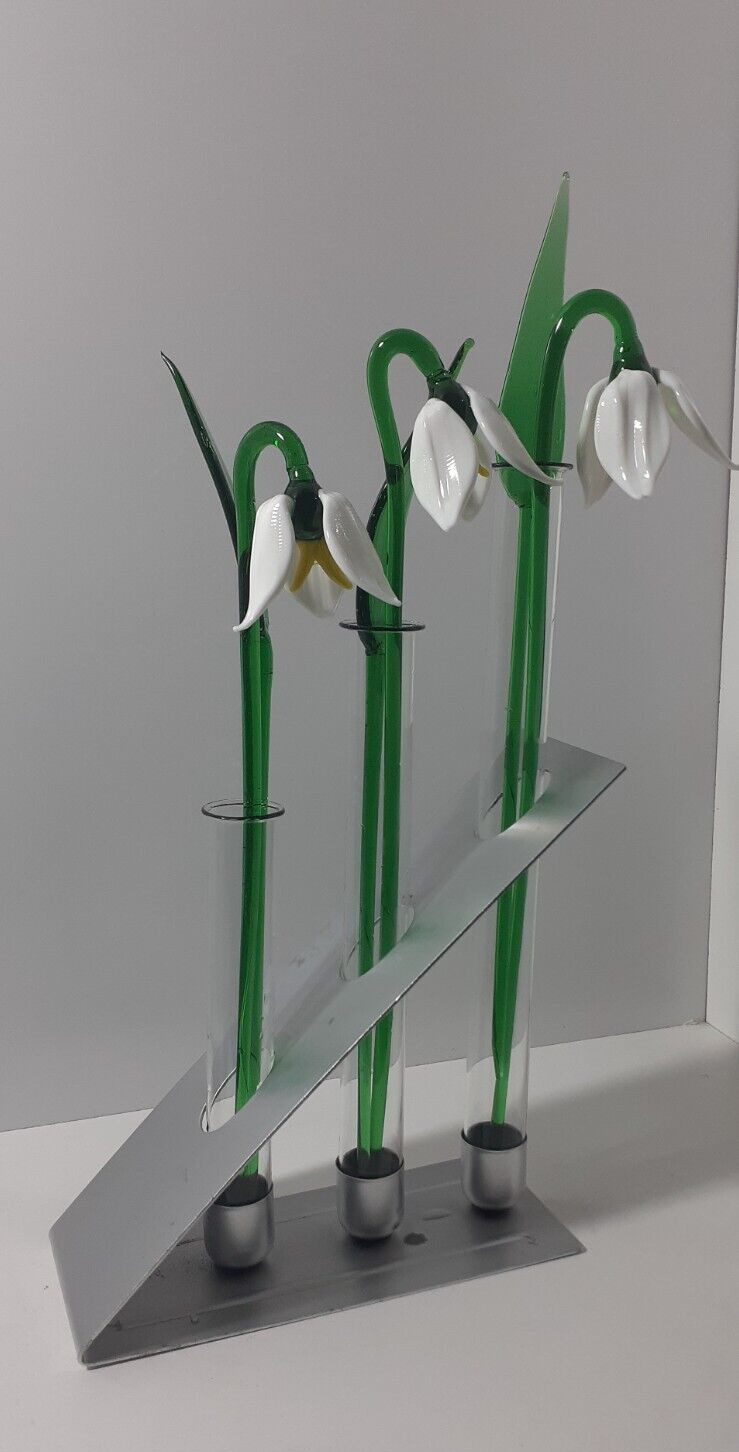 Art Glass Snowdrops Flowers Sculptures with Green Leaves & Tube Vase Home Decor