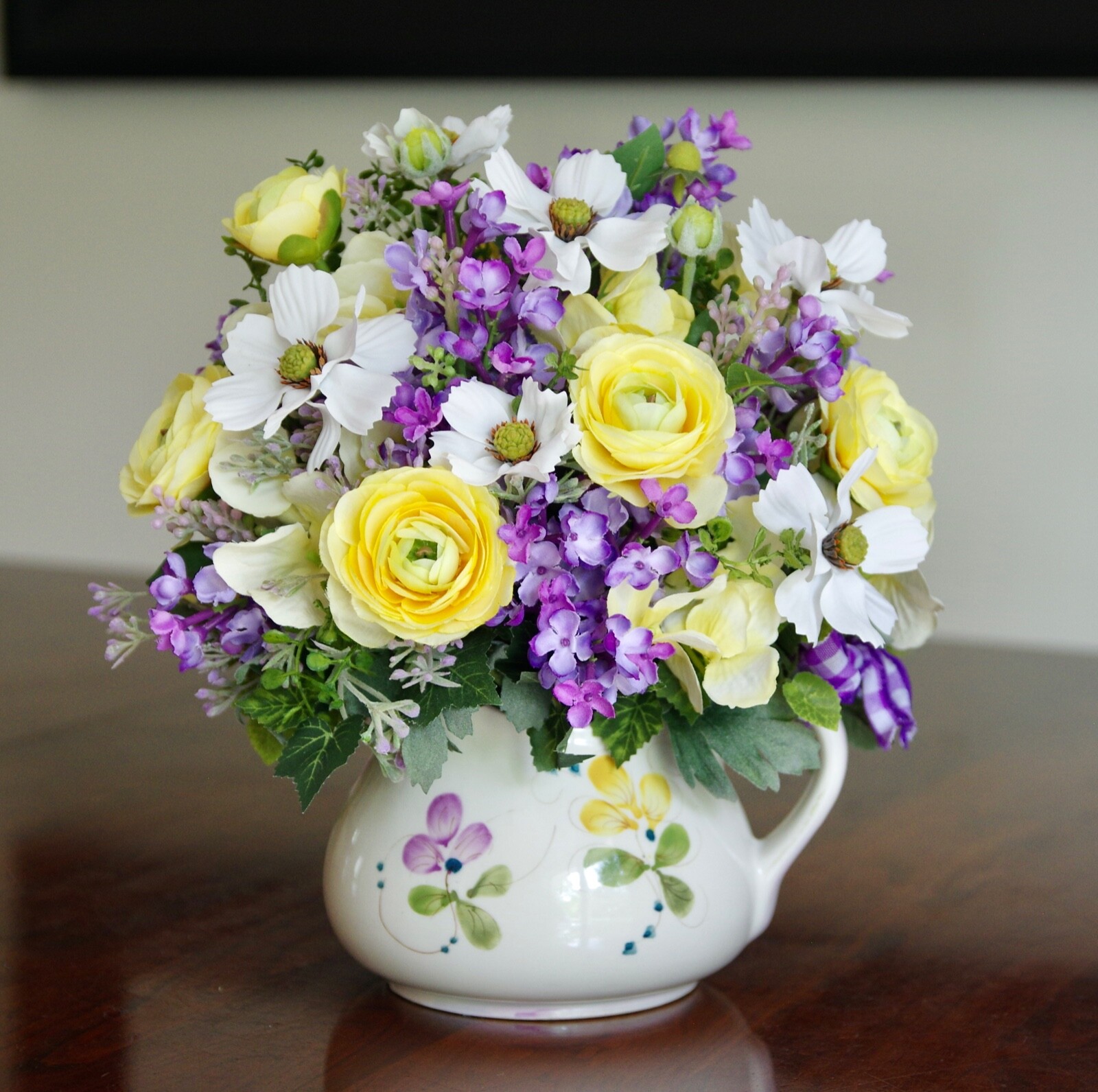 Vintage Hand Painted Portugal Floral Pitcher With Silk Lilac Arrangement