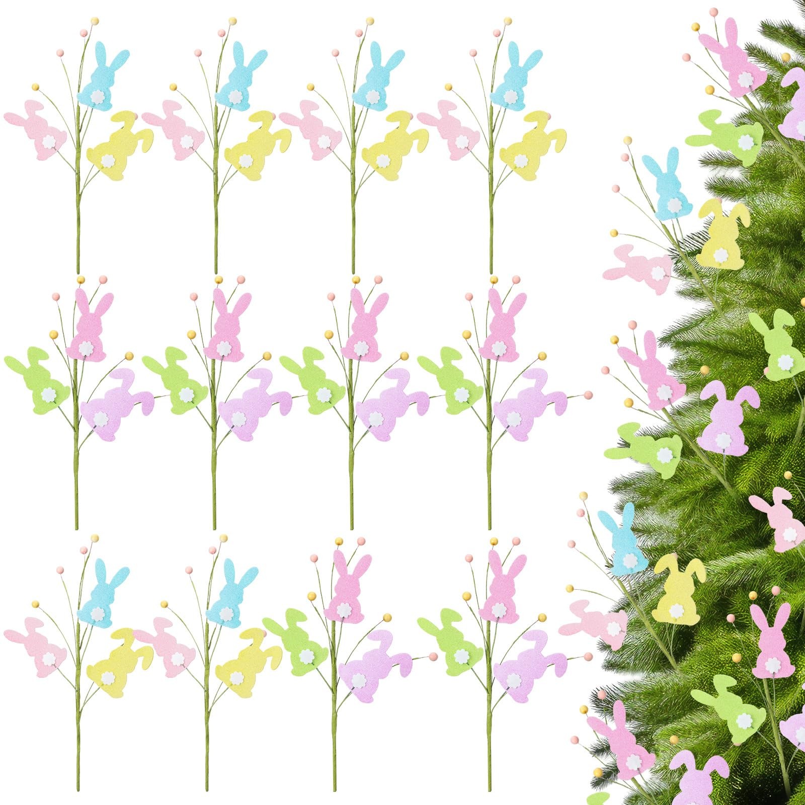 12 PCS 15 Inch Glitter Easter Bunny Tree Topper Picks Floral Arrangement