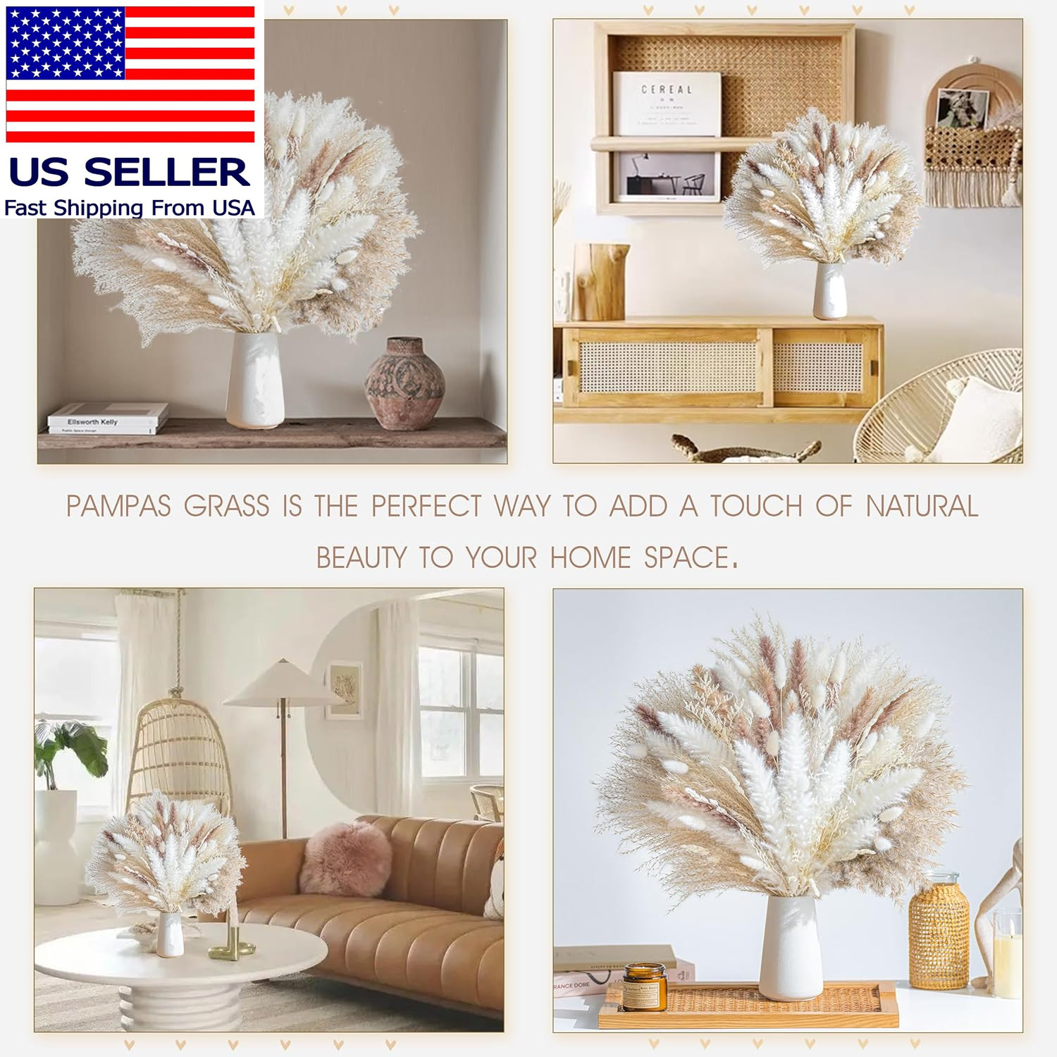 96PCS Natural Dried Pampas Grass Boho Home Decor Bouquet Phragmites Dried Flower