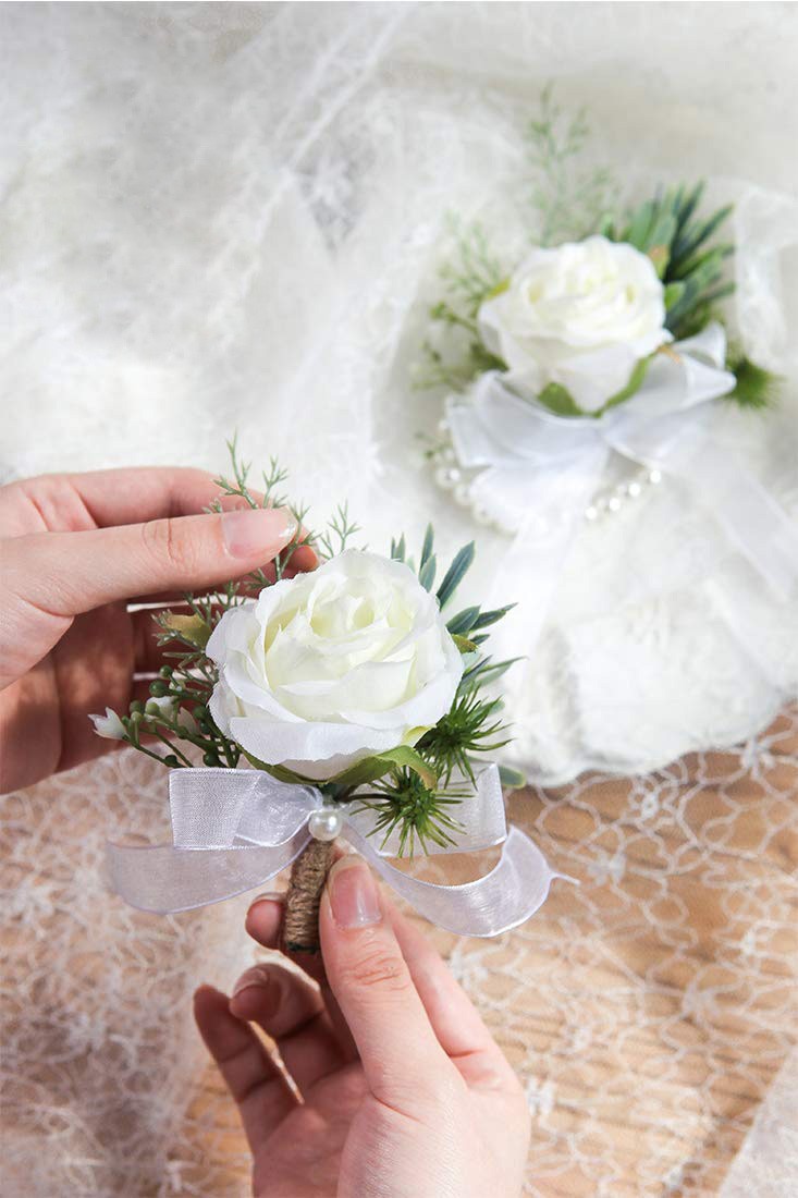 Bridal Party Flowers, Wrist Corsage With Boutonniere, White