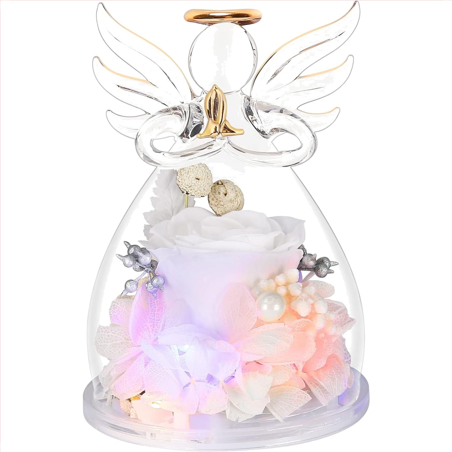 Sentimental Glass Angel Figurine with White Preserved Rose – Gift Box Included