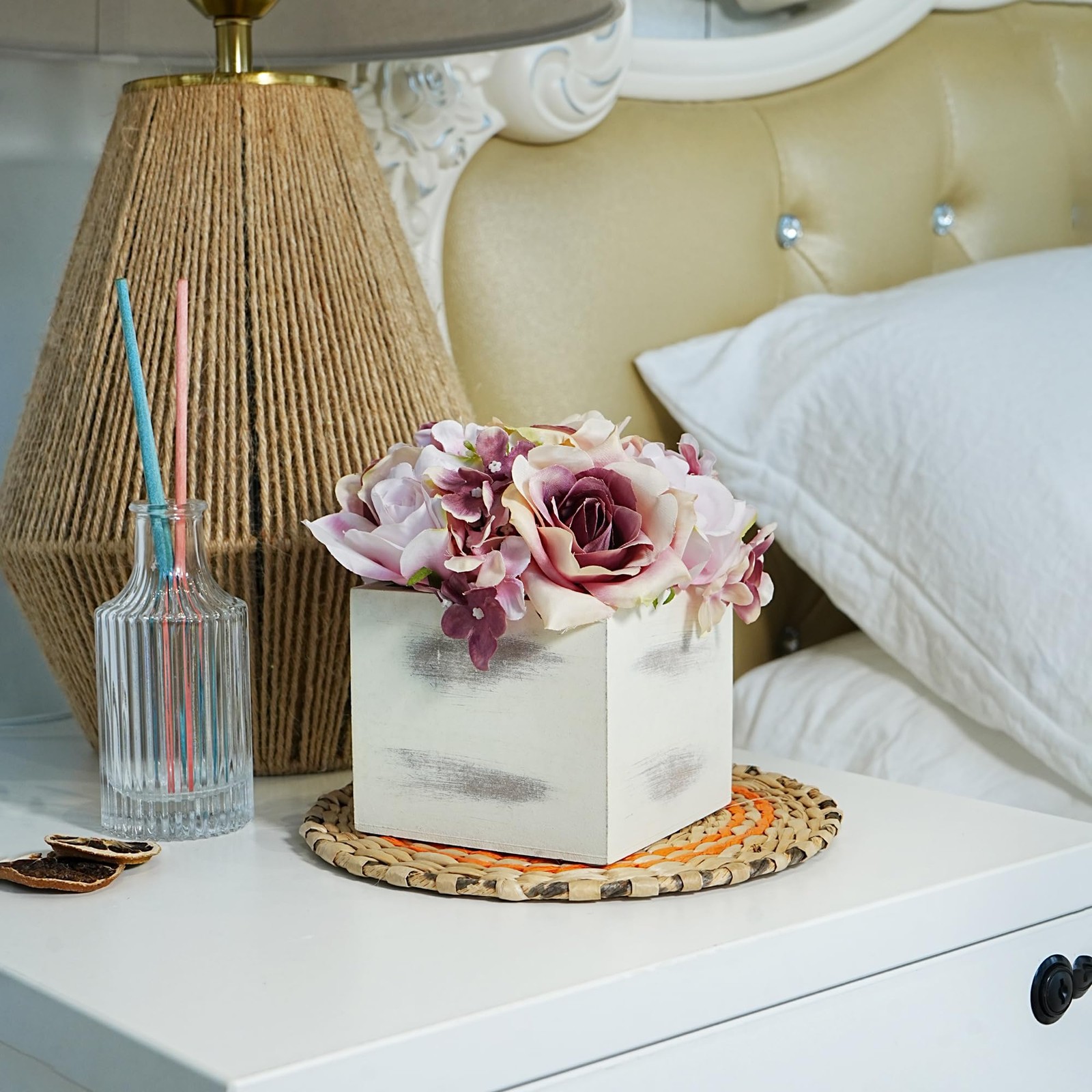 Jahe Aritsan Fake Roses with Wooden Vase, Artificial Flowers in Pot for Home …