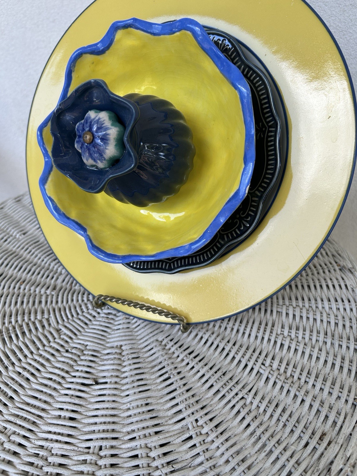 Yellow Blue Ceramic whimsical yard art flower. Glossy Floral, Round 8×6″