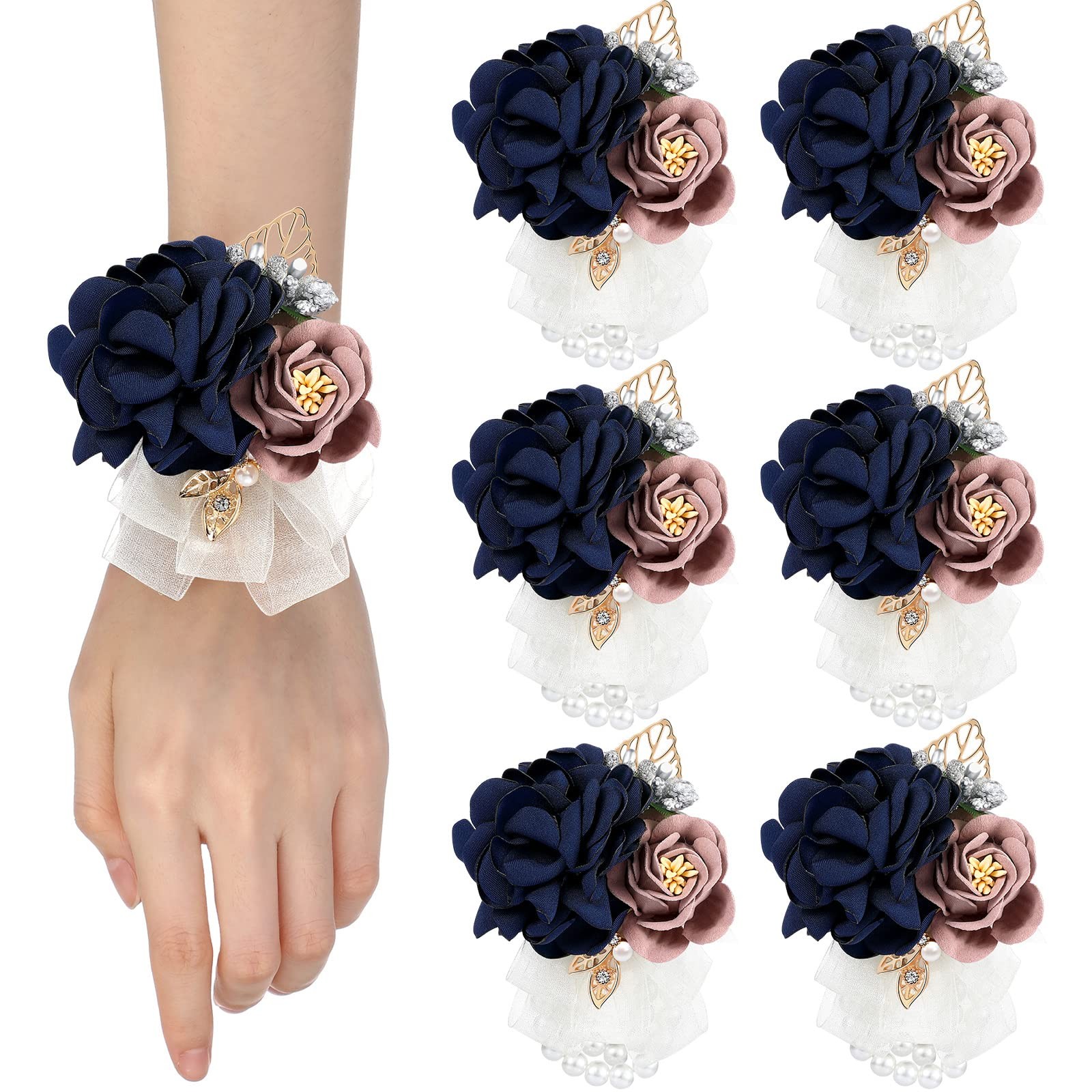 6 PCS Navy Blue Rose Wrist Corsage, Pearl Bead Wristband for Wedding, Prom