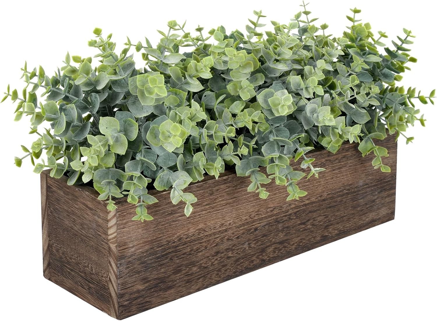 14″ Artificial Eucalyptus Plants in Rustic Rectangular Wooden Planter Box, Fa…