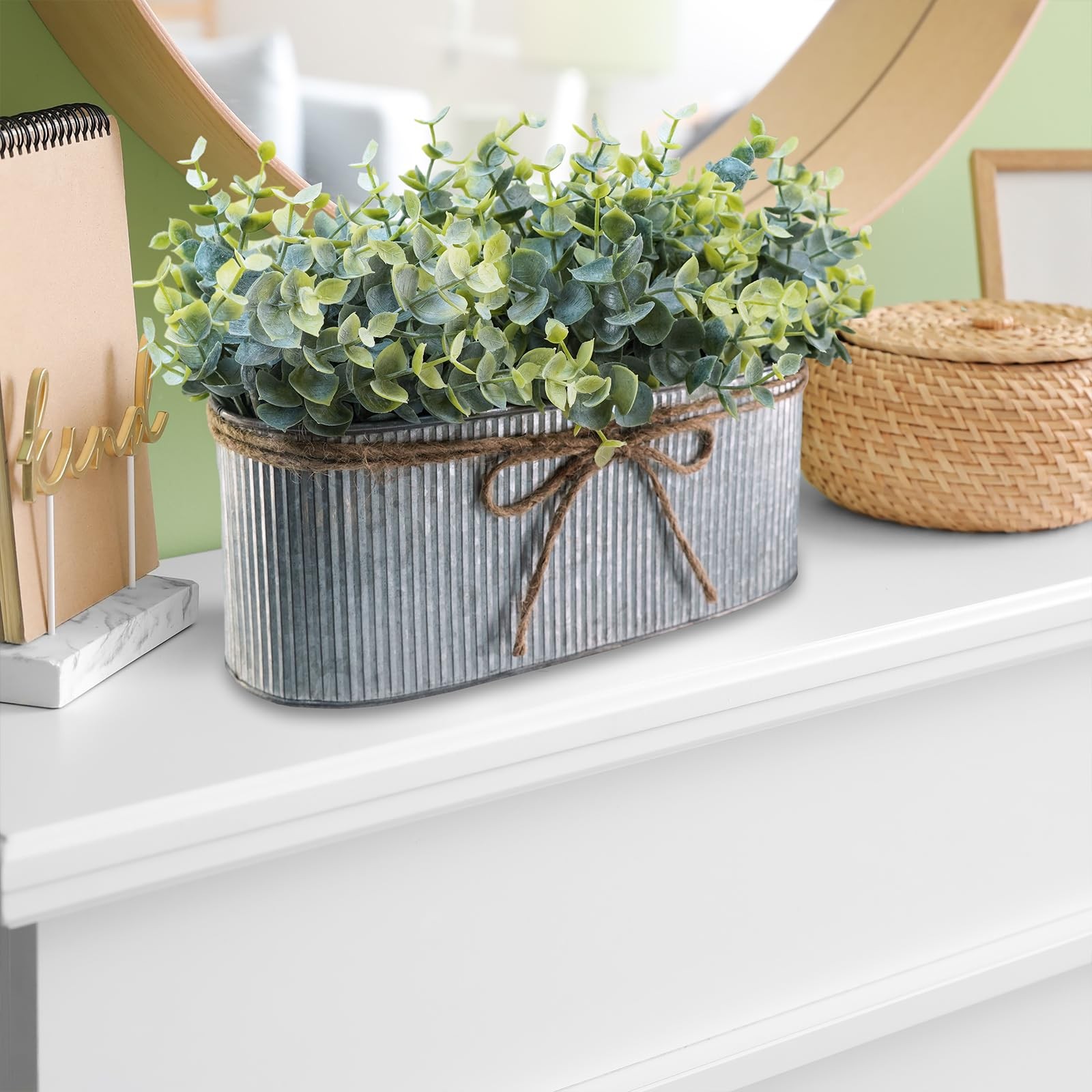 Artificial Eucalyptus Arrangement in Rustic Oval Galvanized Metal Planter Box…
