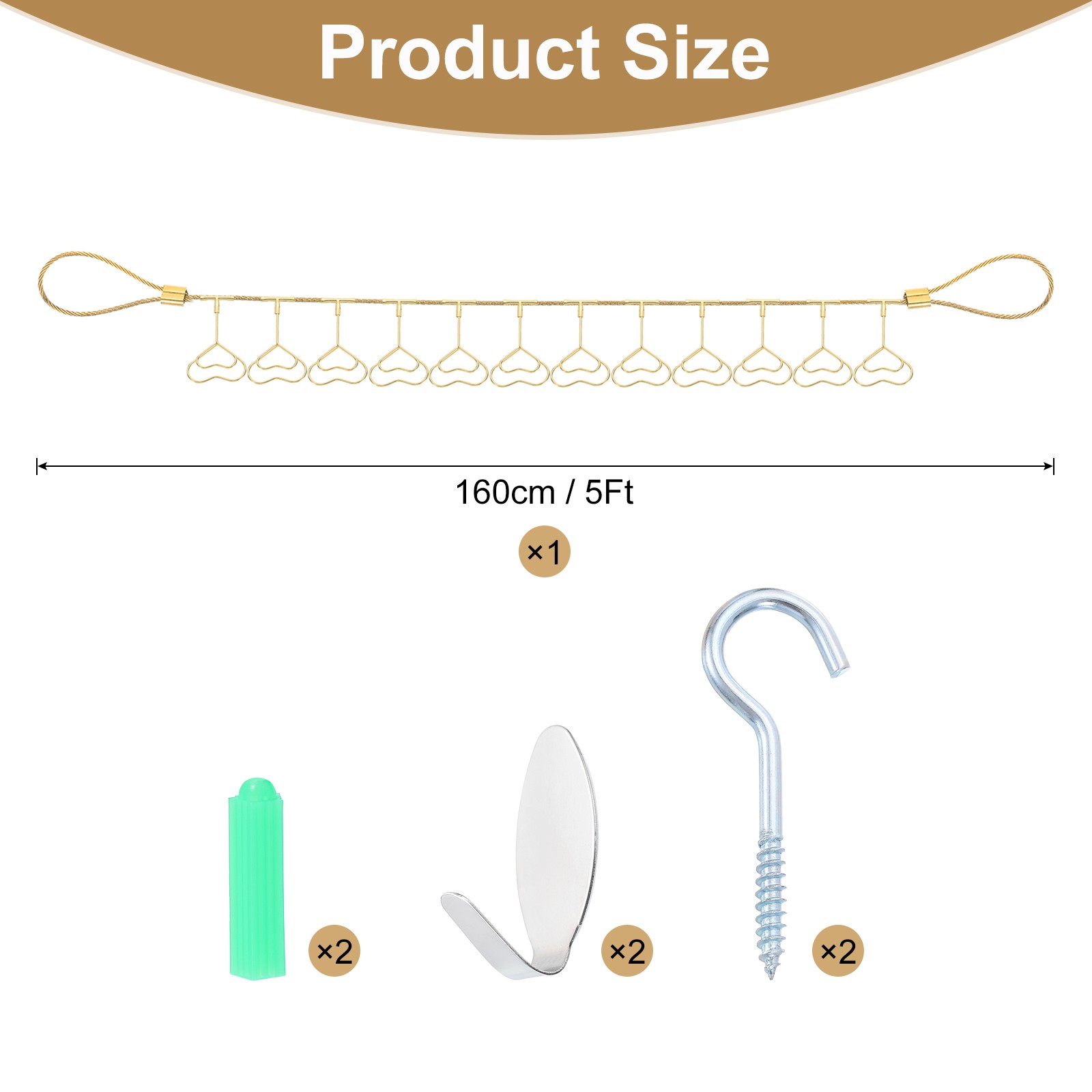 5Ft Wall Hanging Photo Display Cable Wire Rod with 12 Heart Clips, Gold