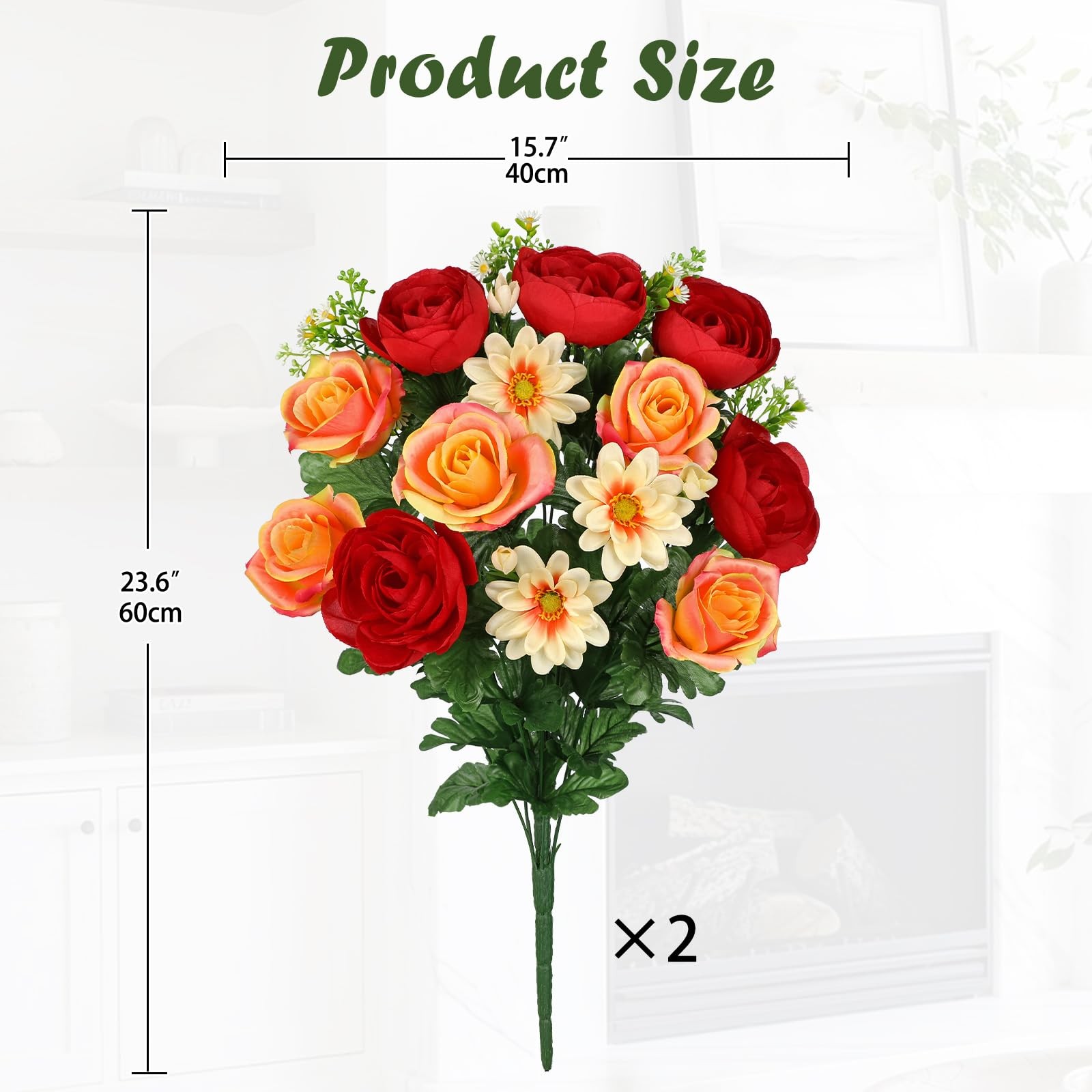 Hollyone Set of 2 Artificial Cemetery Flower for Graves Red Orange Cemetery M…