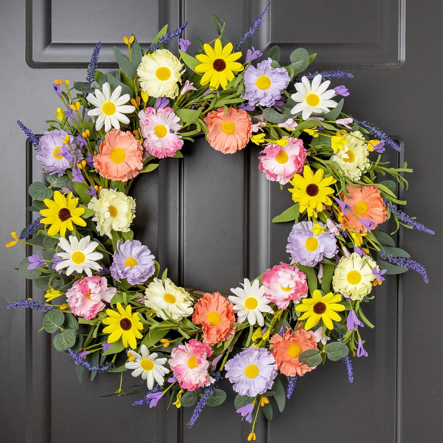 Artificial Spring Wreath 20” Purple Yellow White & Pink Flower Wreaths Summer