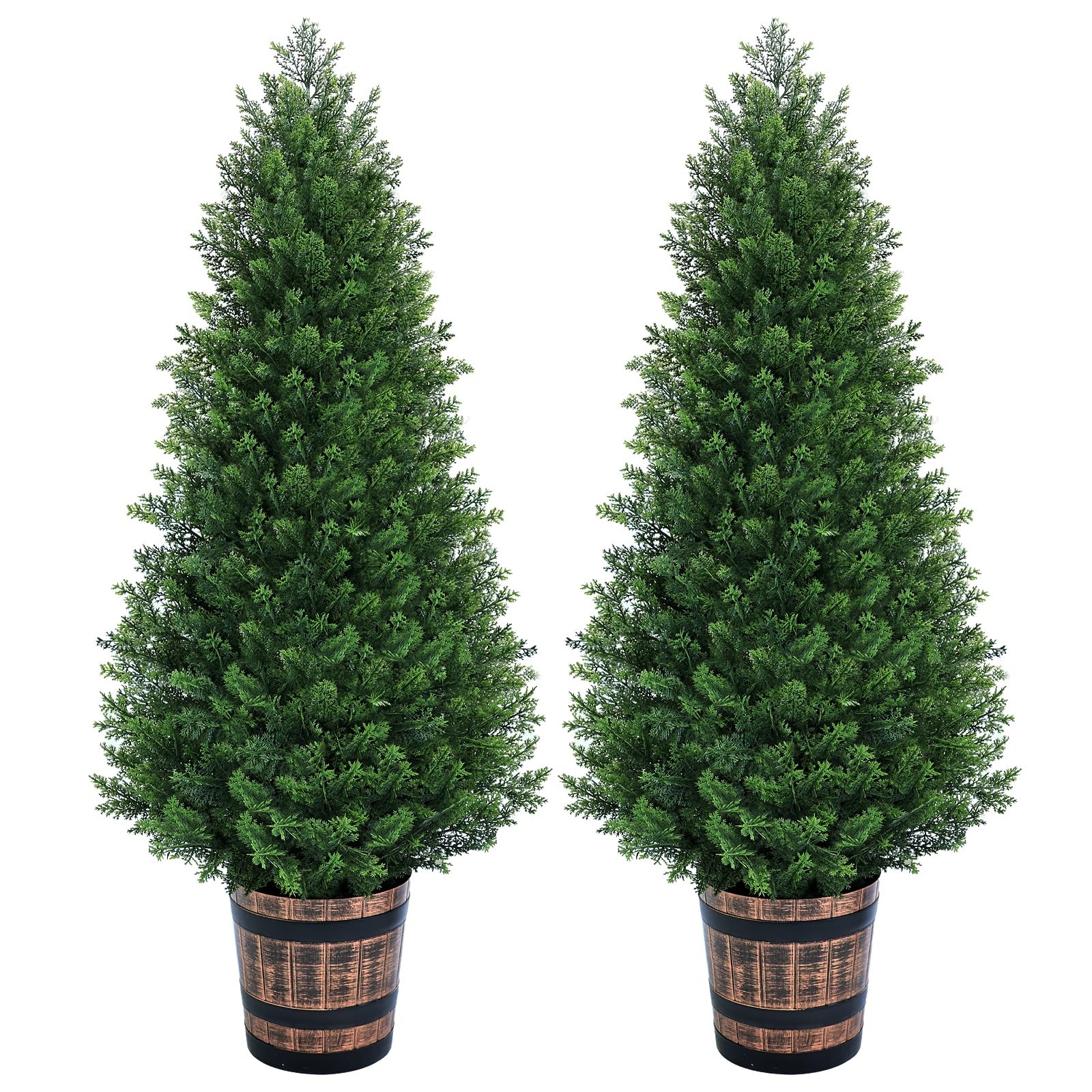 Set of 2 Artificial Cedar Topiary Trees 4FT – Indoor Faux Pine Shrubs with Ba…