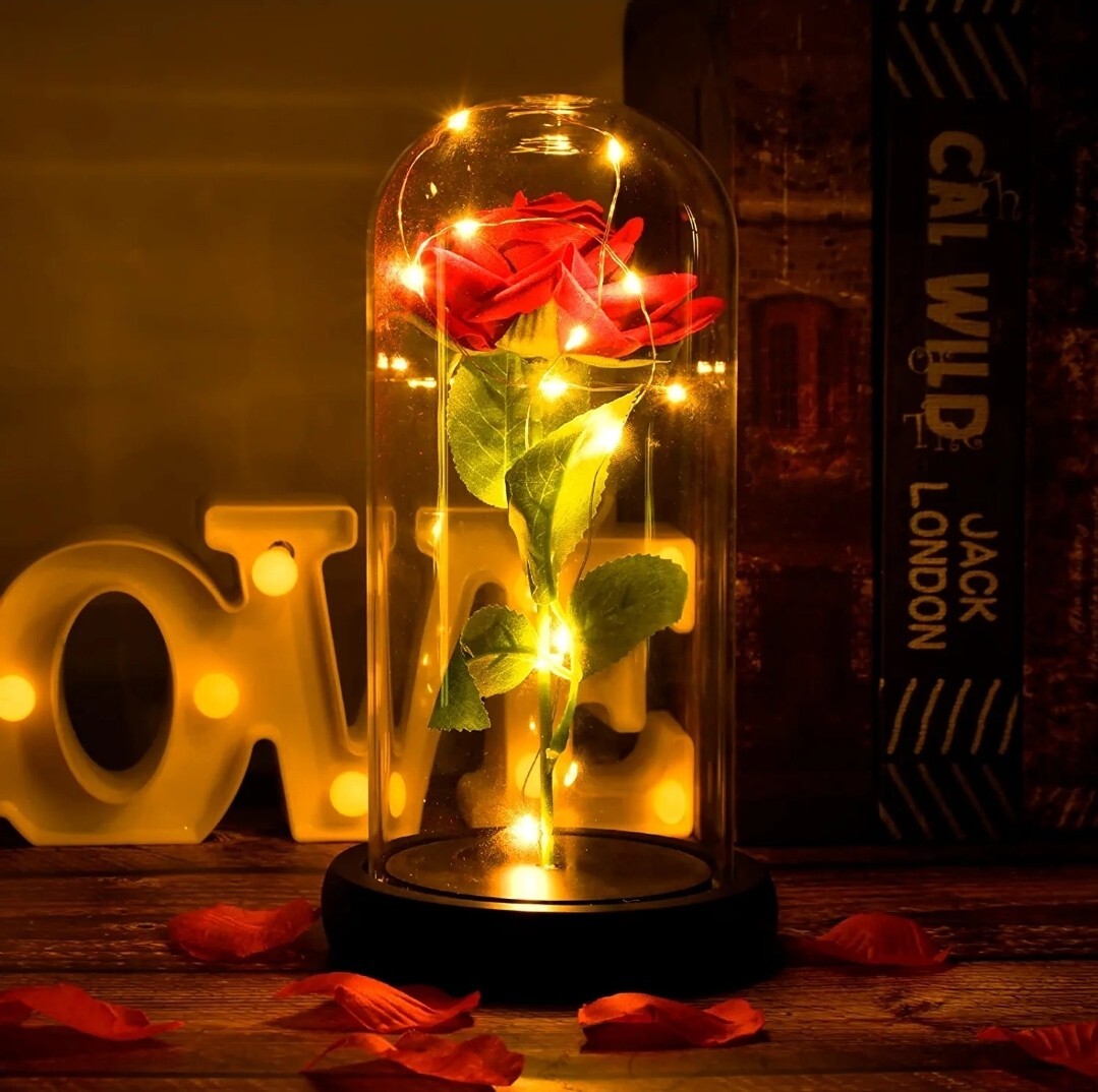 Red Artificial Galaxy Flower Rose Gift LED String Light Lamp in Glass Dome