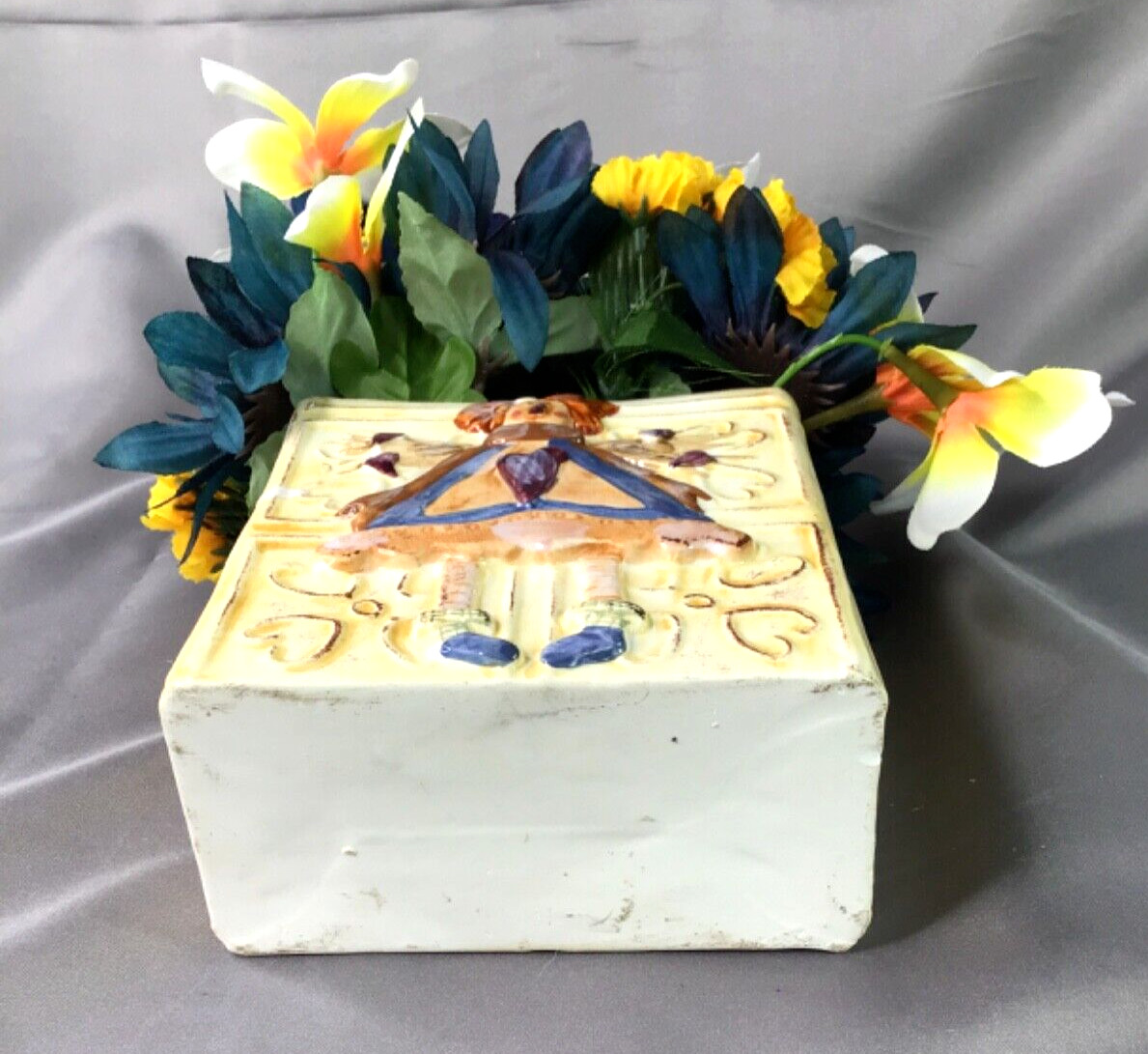 Square 5” Angel Planter Vase Gorgeous Blue White Yellow Floral Arrangement
