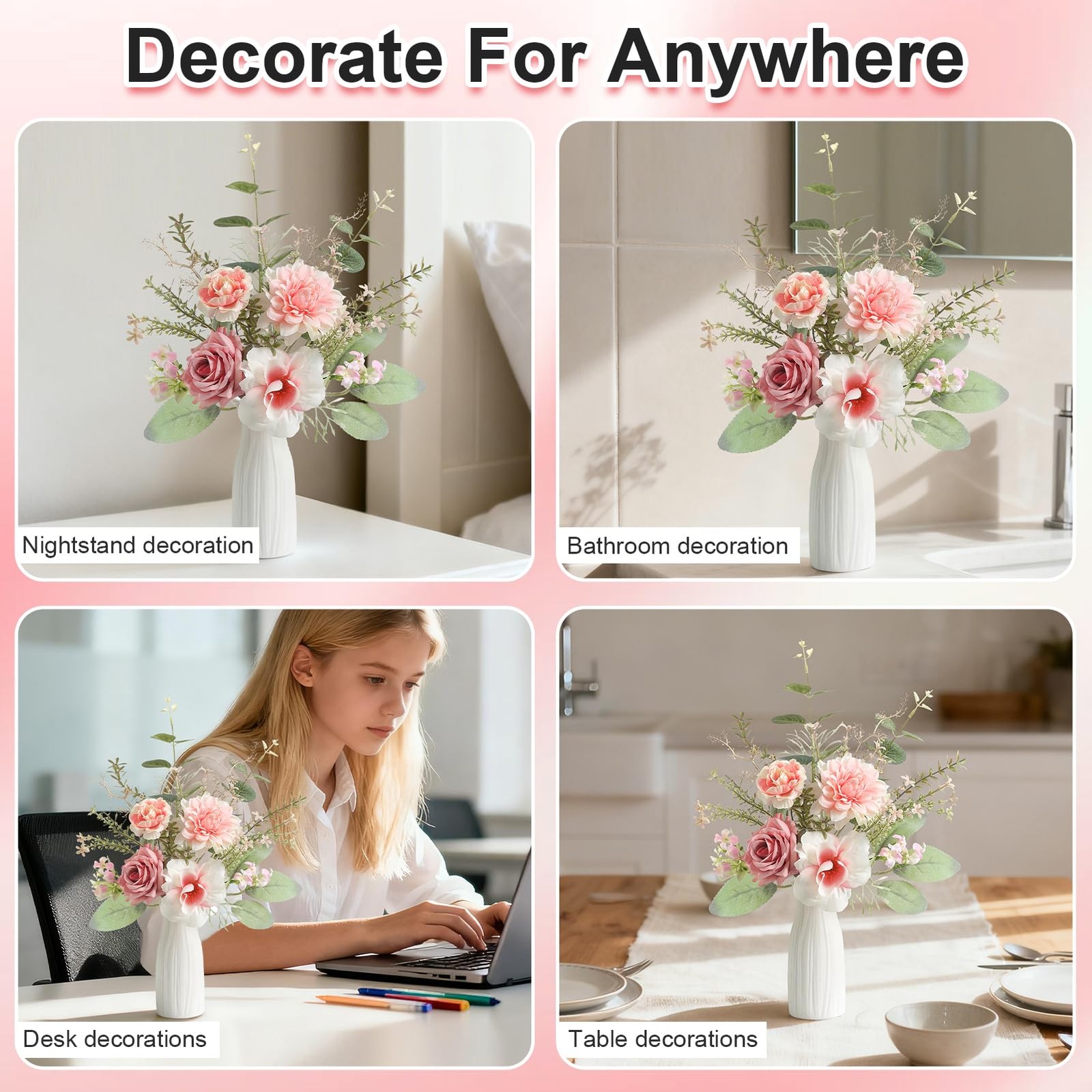 Small 11″ Artificial Flowers in Ceramic Vase – Pink Silk Flower Centerpiece f…