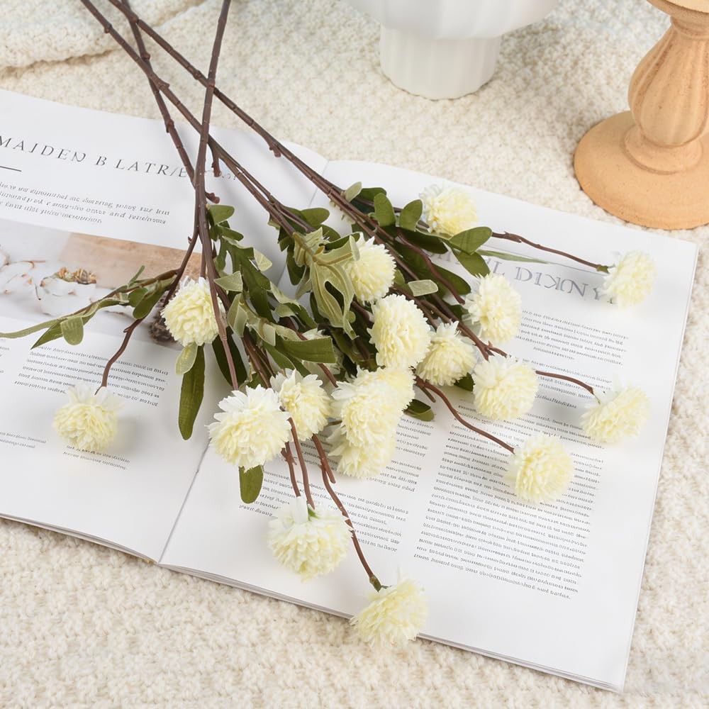 Artificial Pompon Mum Stems Silk Home Decor White 20 Inch Set of 4