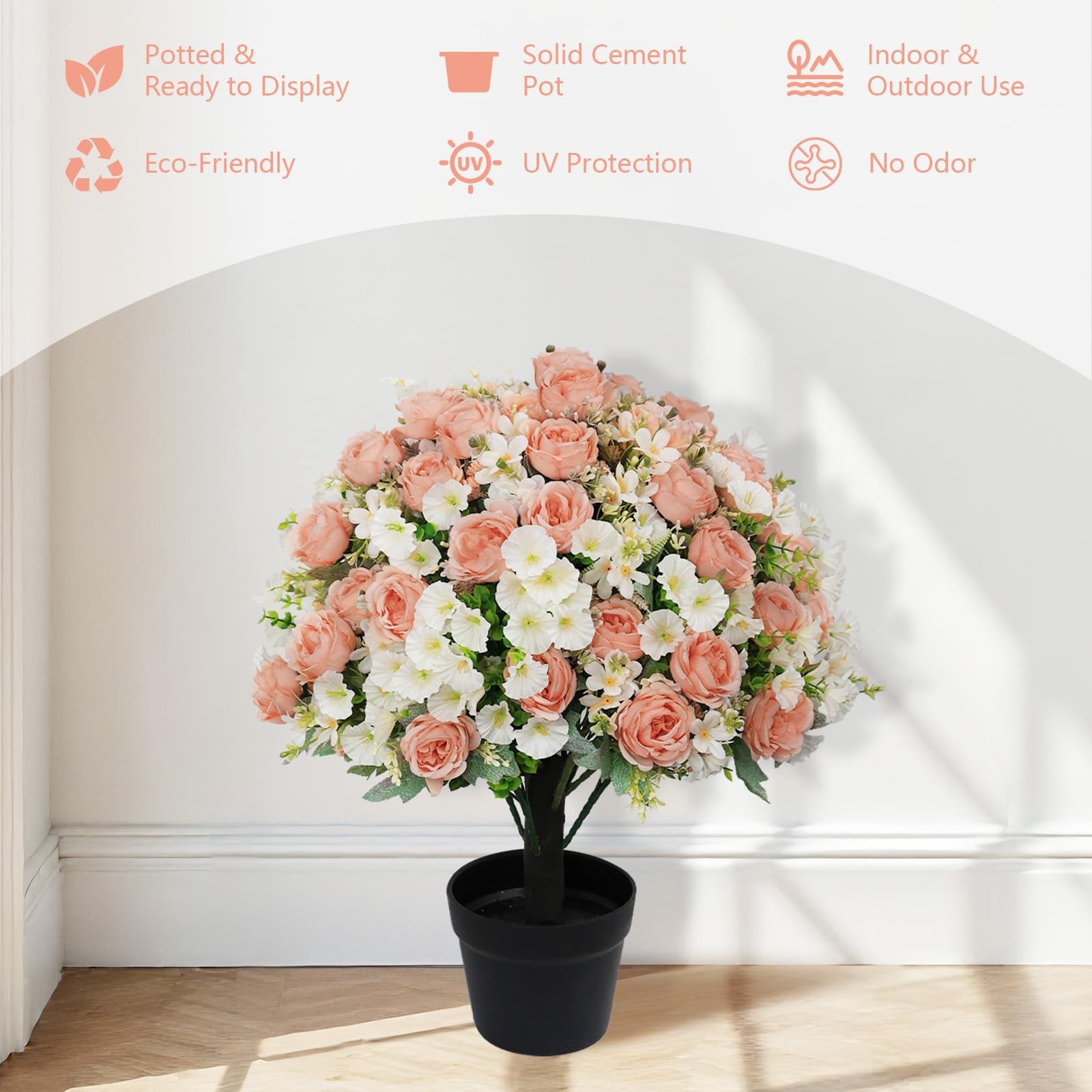 24″ Artificial Potted Flowers for Outdoors, Silk Peony Faux Plants Set of 2, UV