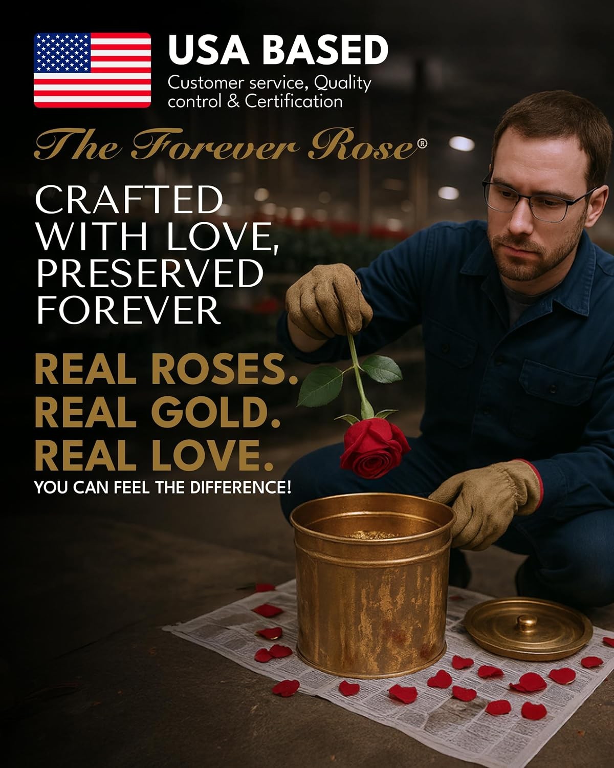 Real Galaxy Rose Dipped in 24K Gold with Gold-Trimmed Petals and Stem