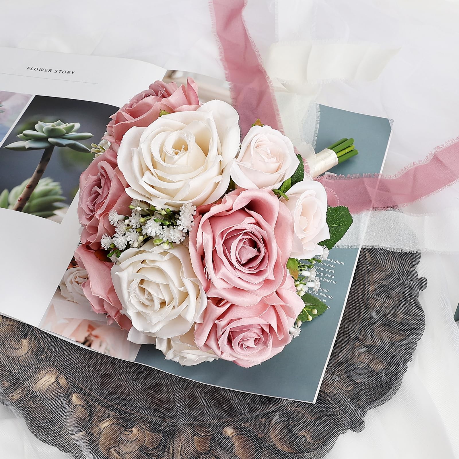 Dusty Pink White Premade Artificial Roses Wedding Bouquet Bridal Ceremony Decor