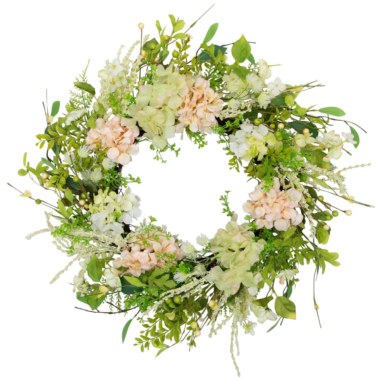 Northlight Hydrangea and Fern Spring Floral Berry Wreath, Green and Pink 28-Inch