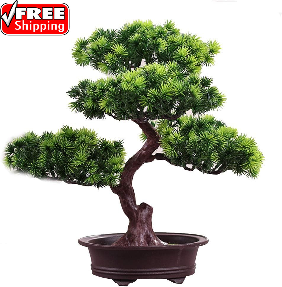 Artificial Bonsai Pine Tree, 11Inch Faux Potted Plant Desk Display Fake Tree Pot
