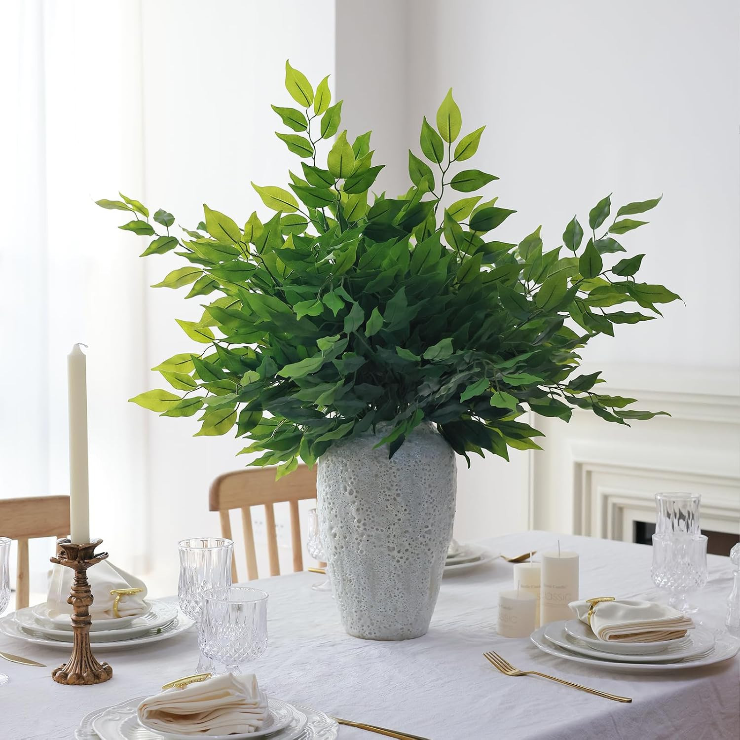 12Pcs Artificial Greenery Stems Silk Green Leaves Fake 23In Ficus Garland Spray