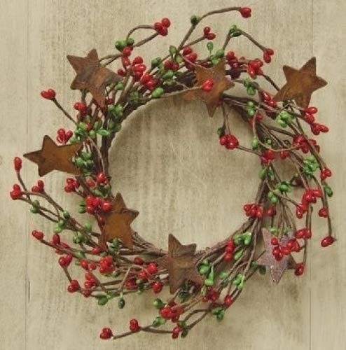 NEW PRIMITIVE Farmhouse Berry Wreath Candle Rings 2pc Rust Stars 4″ Red Green