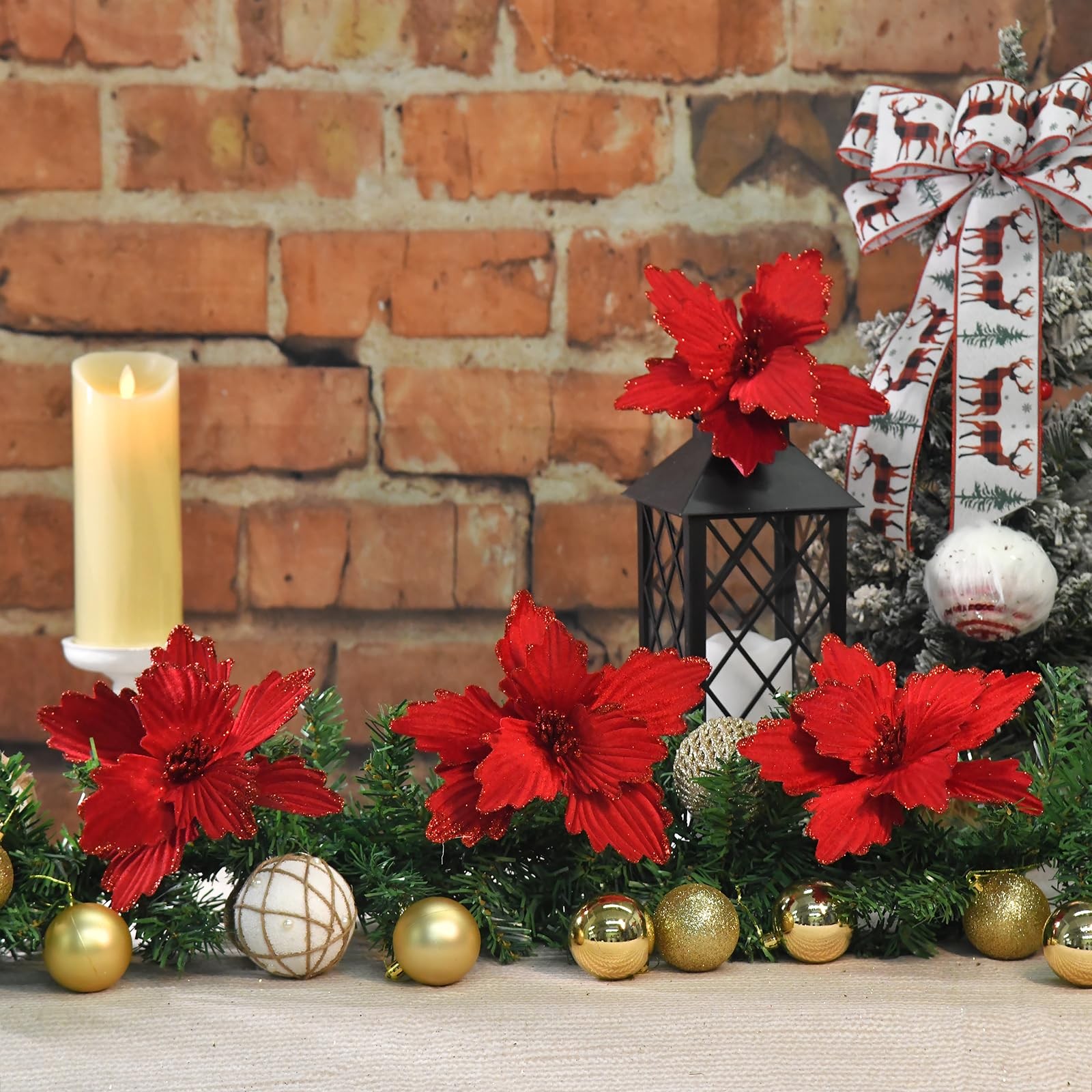 10 PCS Dark Red Glitter Poinsettias Artificial Christmas Tree Ornaments Decor