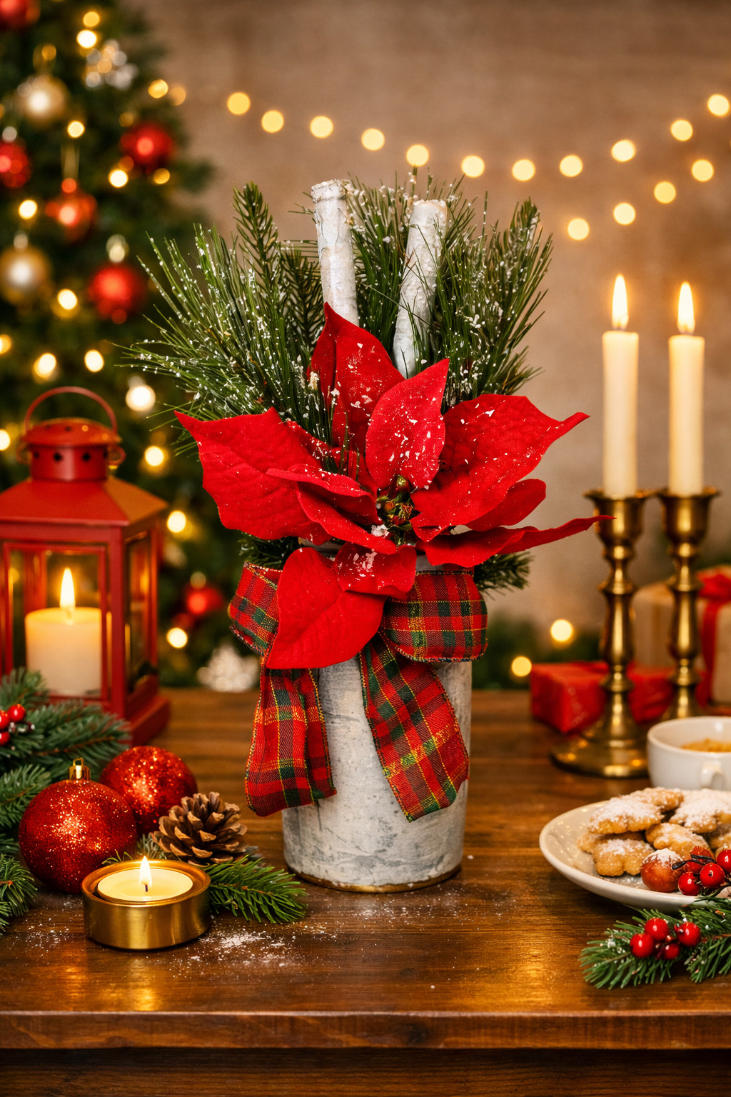 Red Plaid Holiday Christmas Flower Floral Bouquet Arrangement Poinsettia Birch