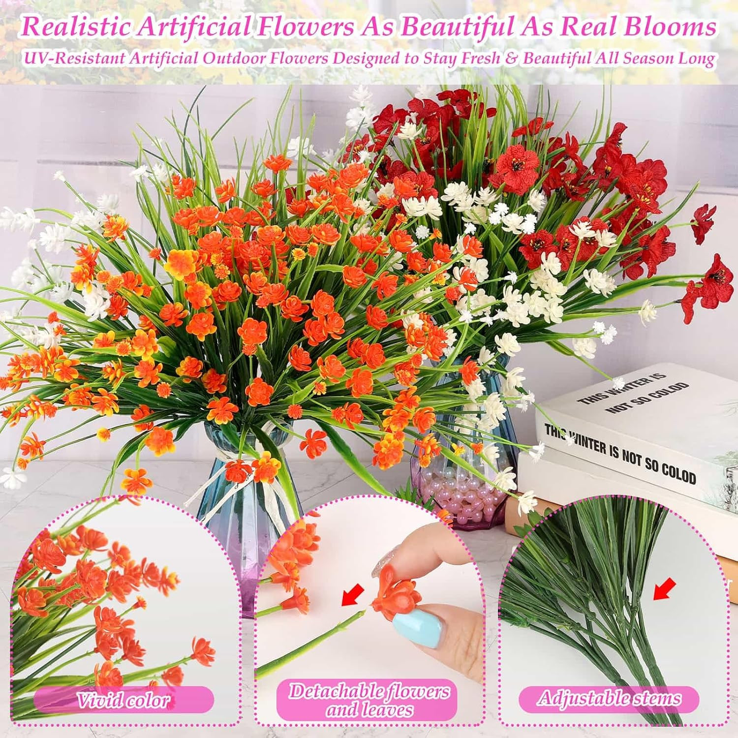 18 Bundles Artificial Flowers & Plants for Outdoors UV Resistant | Realistic Fak