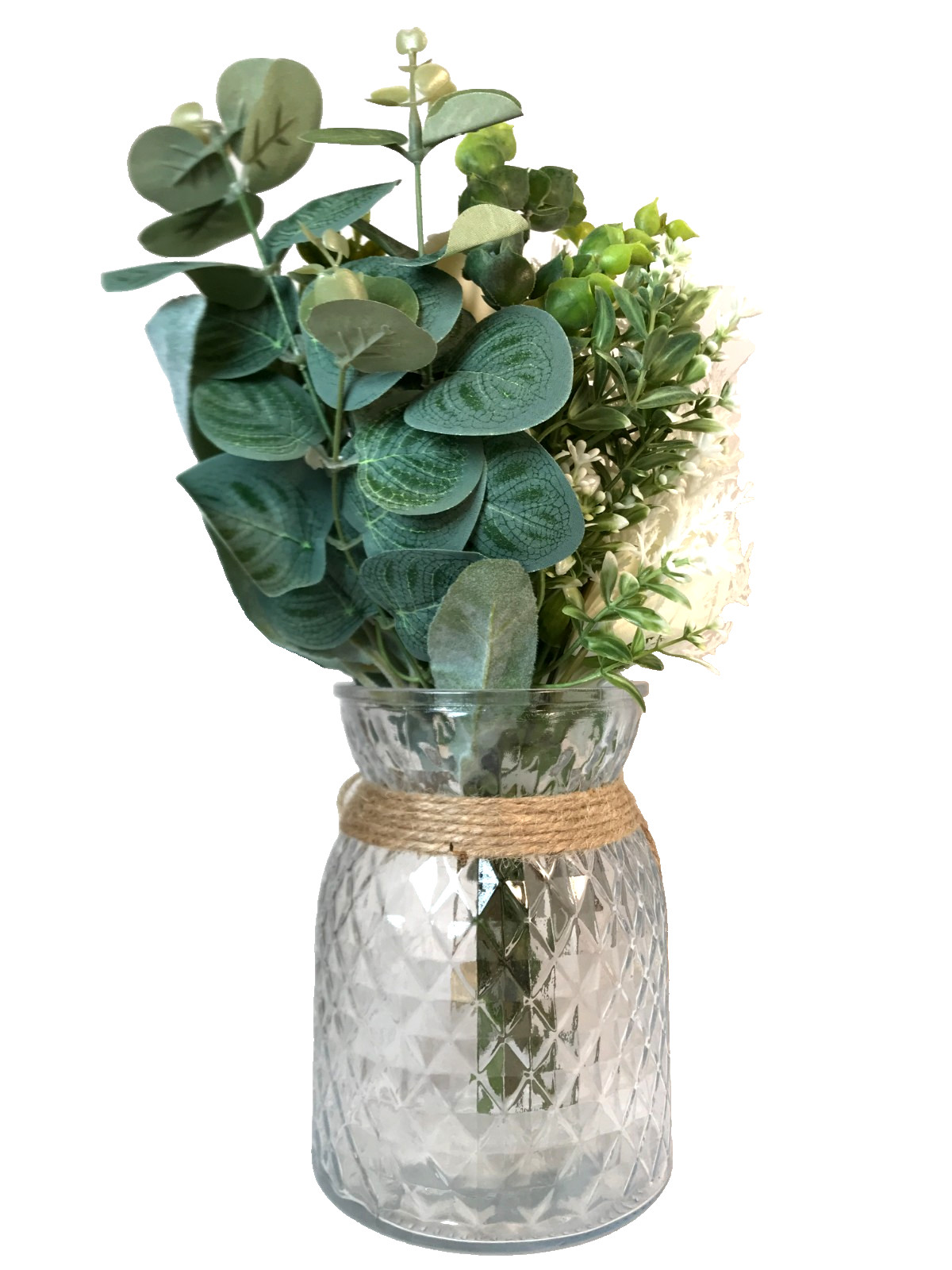 Faux White Silk Rose Flower Arrangement Glass Vase Rustic Decoration 2 Pack