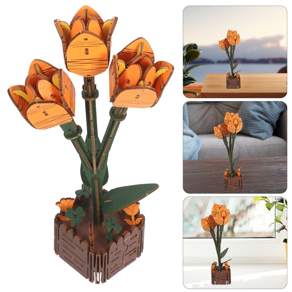 Durable Wooden Tulip Building Blocks Set Kids DIY Flower Bouquet Kit