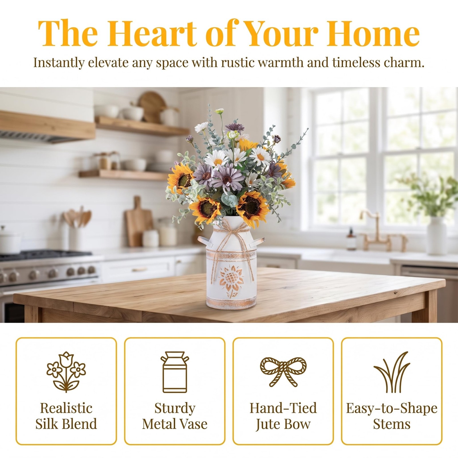 Yellow Artificial Sunflower Silk Flowers In Metal Vase Faux Kitchen Decor Gift